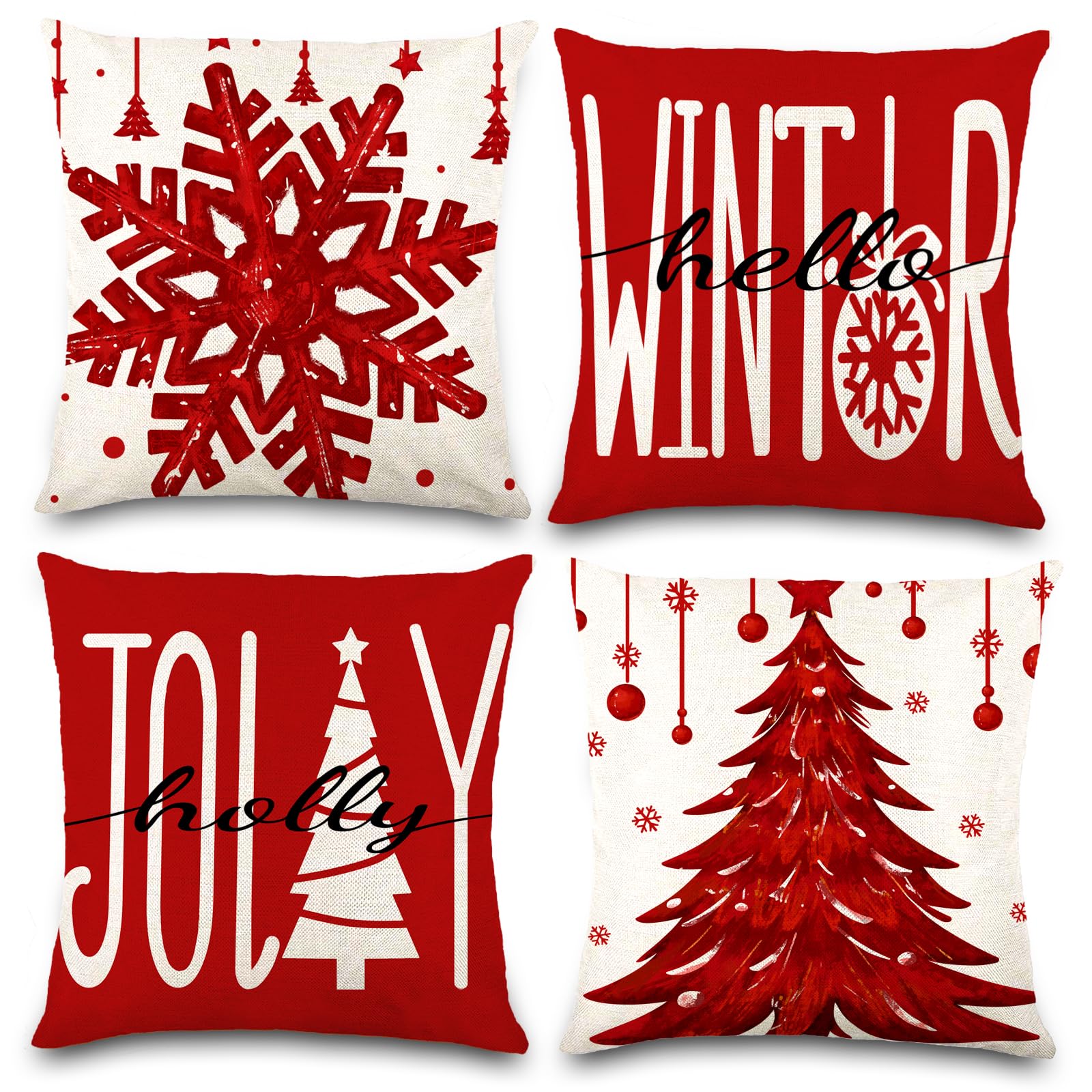 Diydec 4Pcs Christmas Pillow Covers 18X18 Inch Winter Throw Pillow Covers Red Christmas Tree Snowflake Pillow Covers Hello Winte