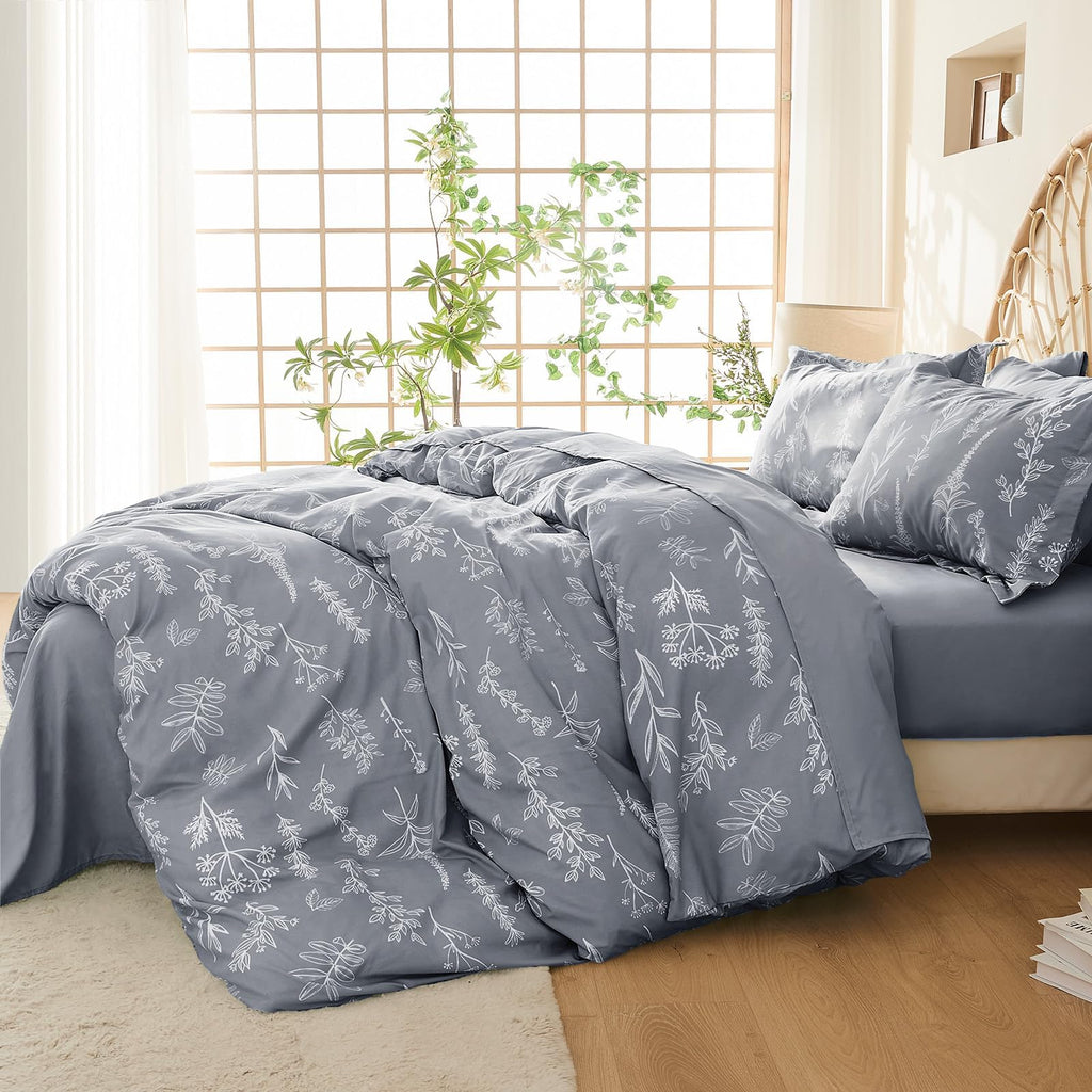 Muxhomo Light Grey Bed In A Bag Queen 7 Pieces, Queen Comforter Set Reversible Botanical Flowers Design, Ultra Soft & Breathable