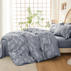 Muxhomo Light Grey Bed In A Bag Queen 7 Pieces, Queen Comforter Set Reversible Botanical Flowers Design, Ultra Soft & Breathable