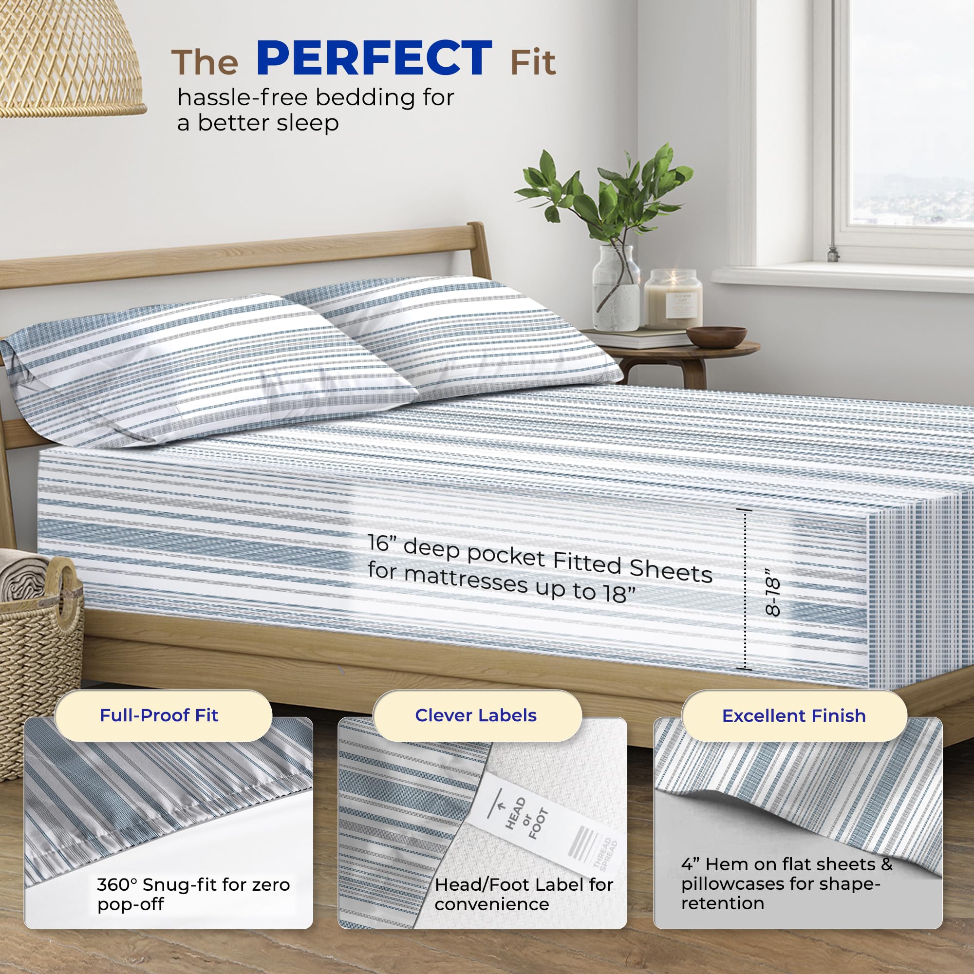 Thread Spread 100% Egyptian Cotton Printed Bed Sheets - 600 Thread Count 4 Pc California King Sheet Set, Hotel Luxury Bedsheets, 16' Deep Pocket Cooling Sheets For Cal King Size Bed - Dotted Stripe