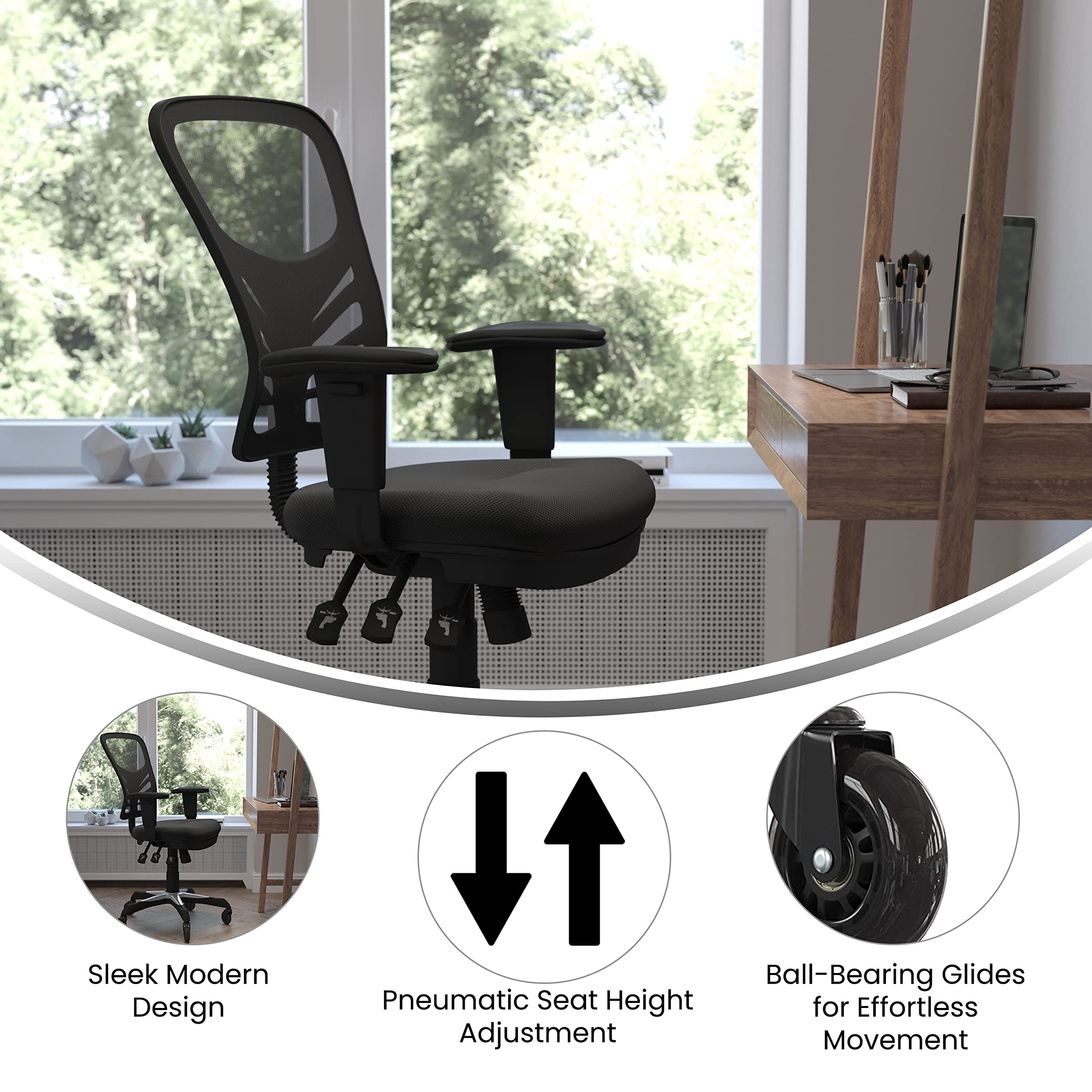 Flash Furniture Nicholas Mid-Back Black Mesh Multifunction Executive Swivel Ergonomic Office Chair With Adjustable Arms And Transparent Roller Wheels
