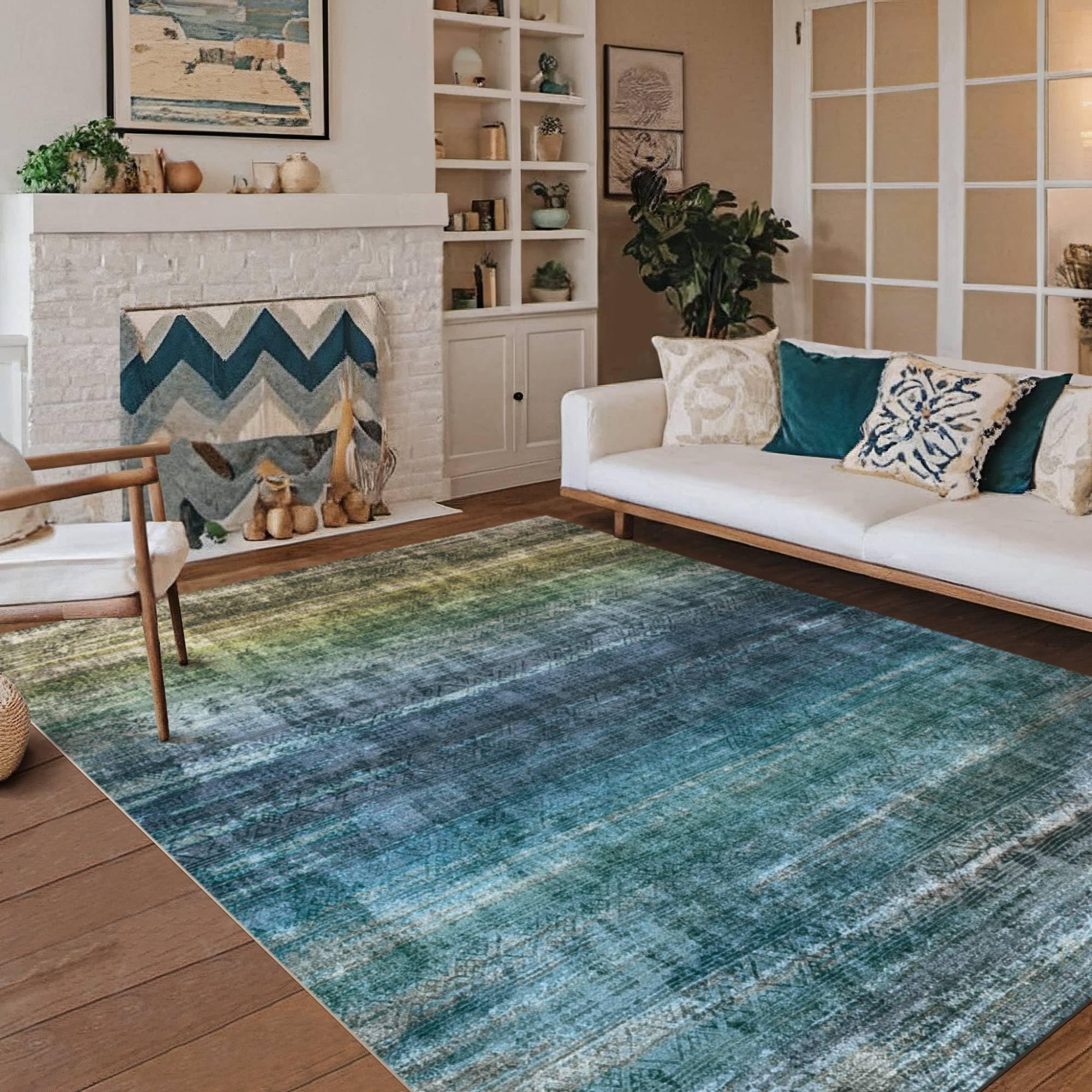 Kokia Abstract Area Rugs 6  9 Boho Washable Distressed Retro Indoor Floor Rug Multicolor Low Pile Non-Slip Non-Shedding Blue Car