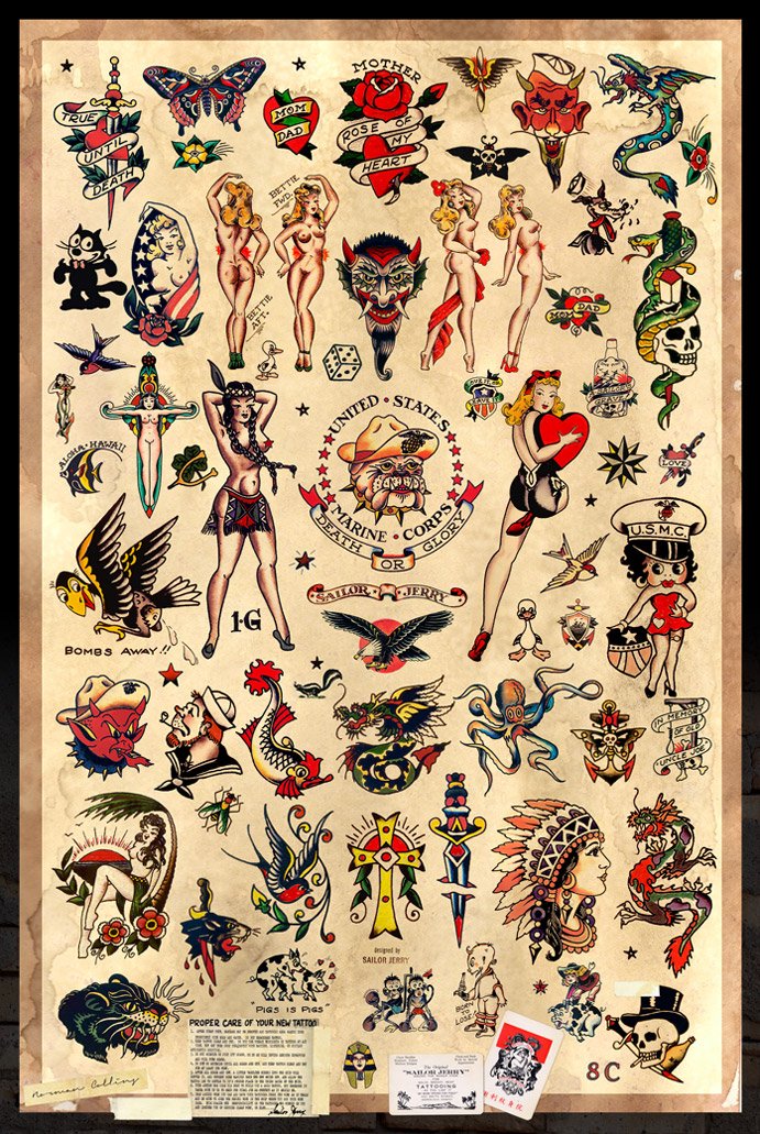 PosterOffice Sailor Jerry Tattoo Flash (Style B) Poster 24x36 (60.96 x 91.44 cm) A Certified Print with Holographic Sequential N