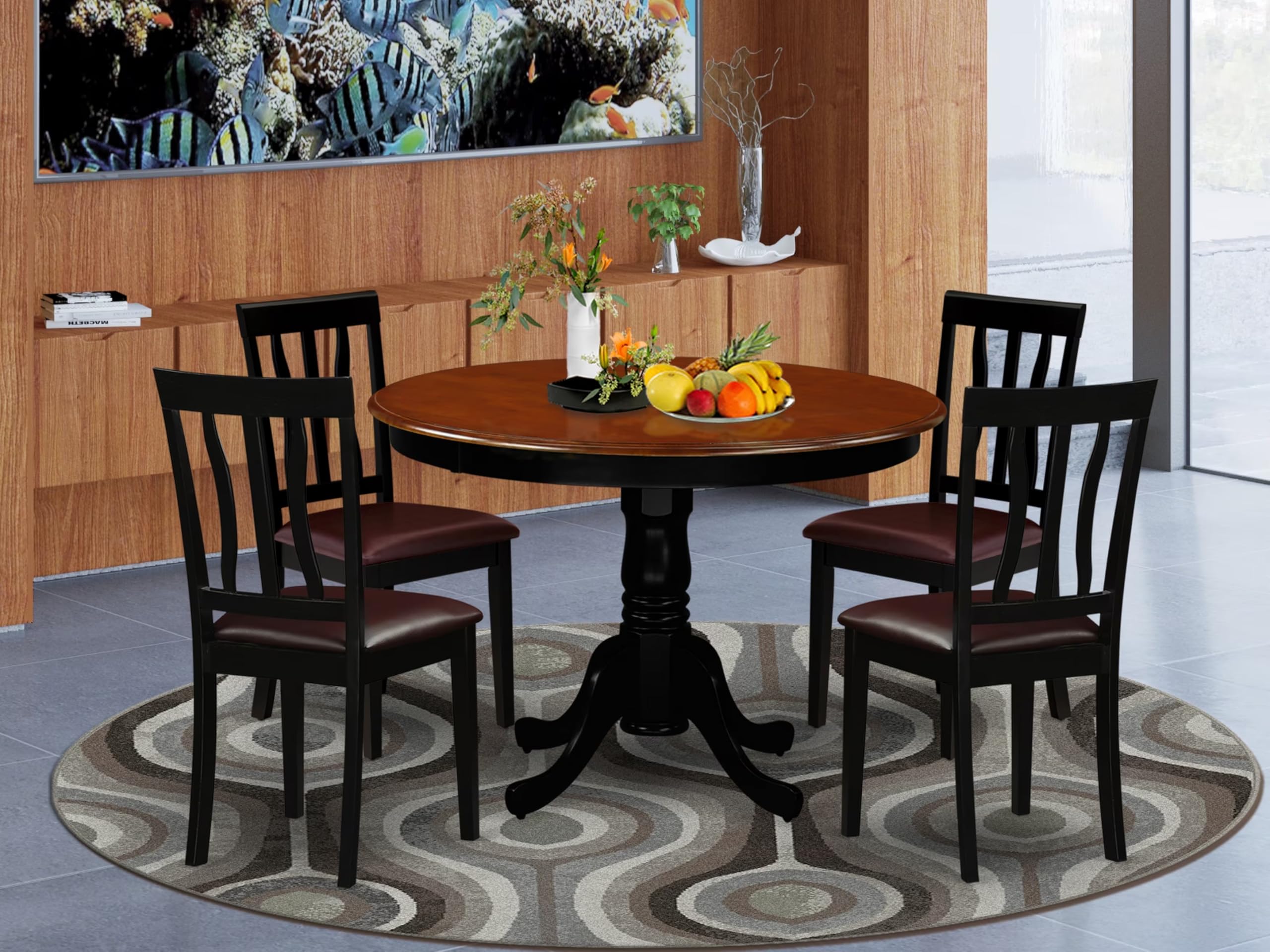 East West Furniture HLAN5-BCH-LC 5 Piece Dining Set Includes a Round Dining Table with Pedestal and 4 Faux Leather Kitchen Room Chairs, 42x42 Inch, Black & Cherry