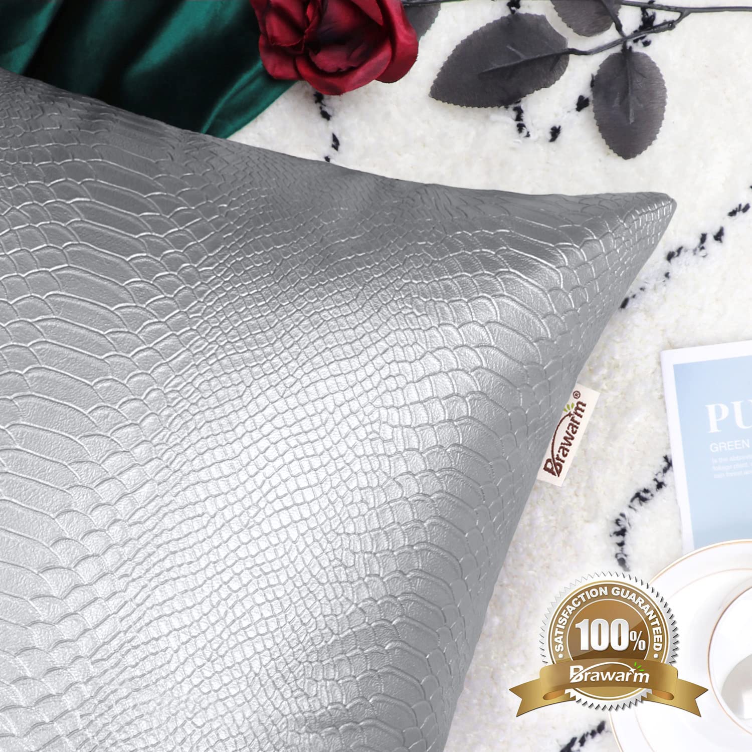 Brawarm Silver Leather Throw Pillows 12 X 20 Inches, Snake Leather Pillow Covers Pack Of 2, Faux Leather Decorative Lumbar Pillo