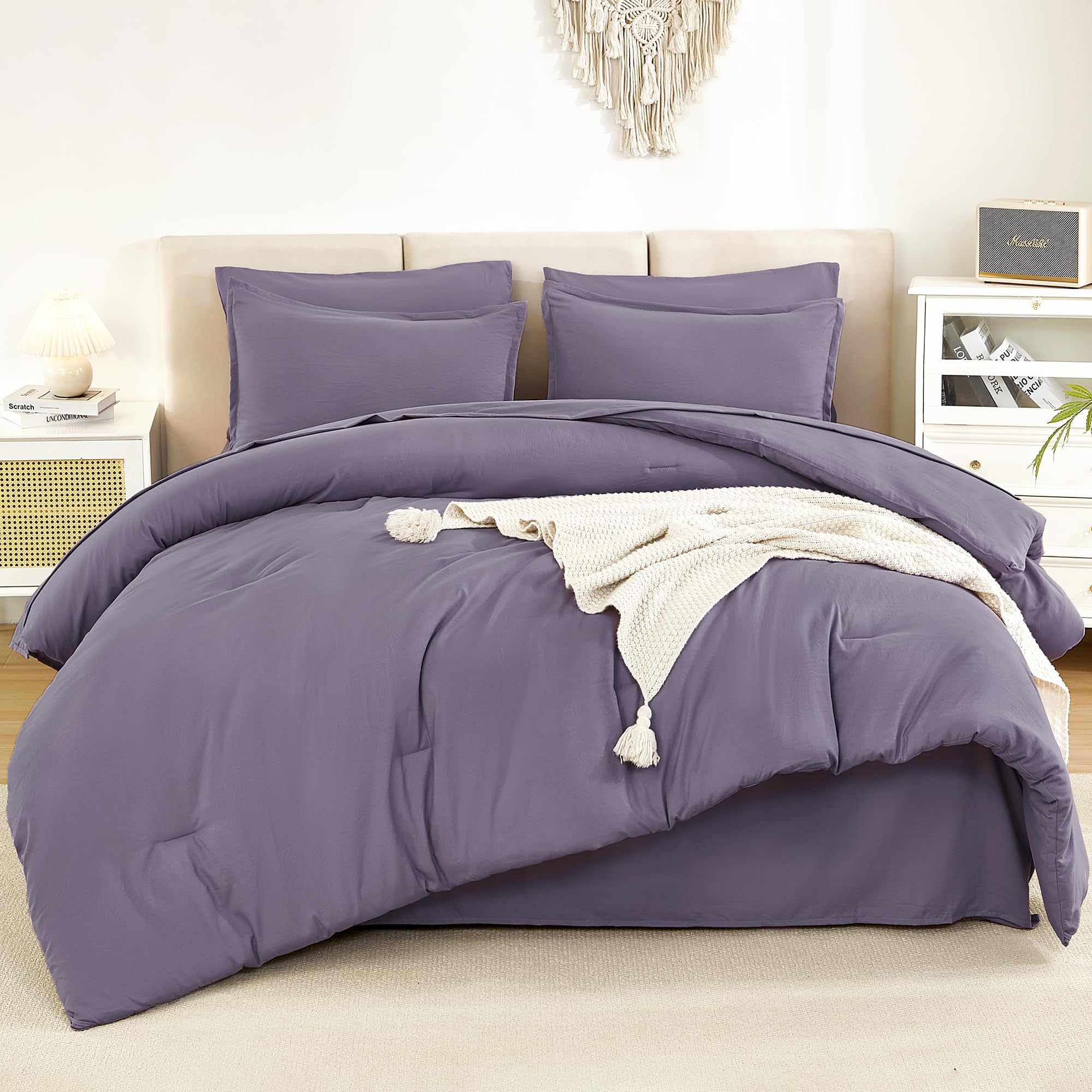 Litanika King Size Comforter Set Grey Purple - 7 Pieces Bed In A Bag King Beddding Comforter Sets, Solid Lightweight Bed Set Wit