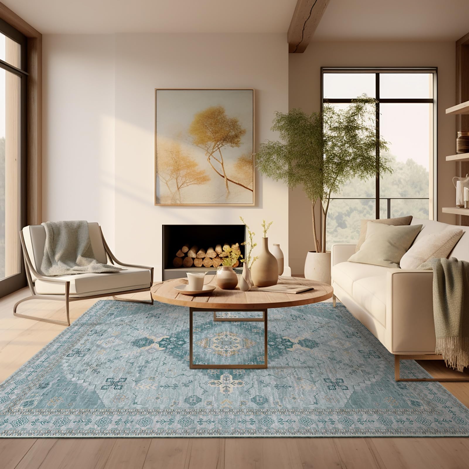Ashler Boho Rug, 8x10 Area Rugs, Vintage Rugs, Large Area Rug, Rugs for Living Room, Bedroom, Kitchen, Dinner, Light Cyan/Blue H