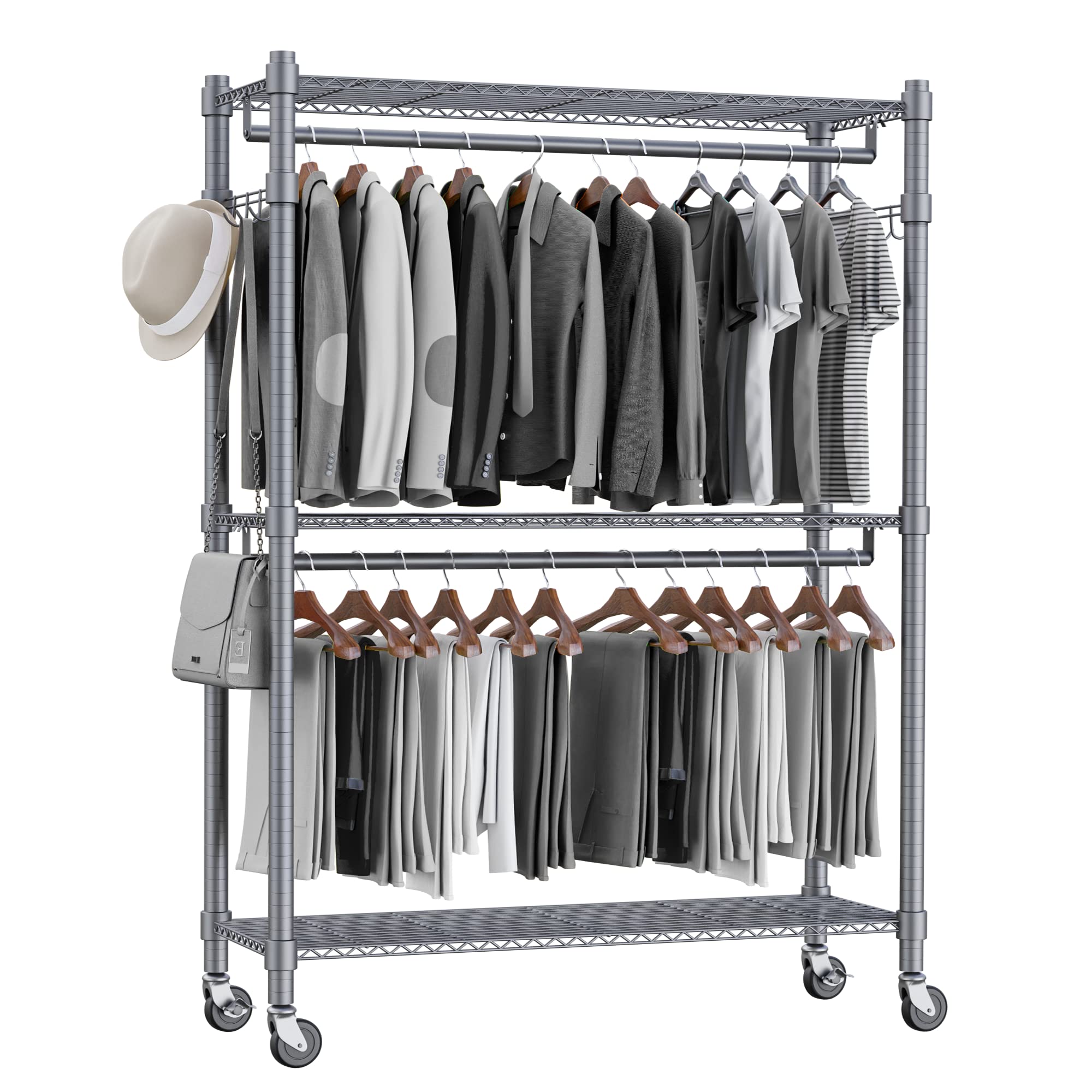 Homdox 3 Shelves Wire Shelving Clothing Rolling Rack Heavy Duty Commercial Grade Garment Rack with Wheels and Side Hooks (One Pa