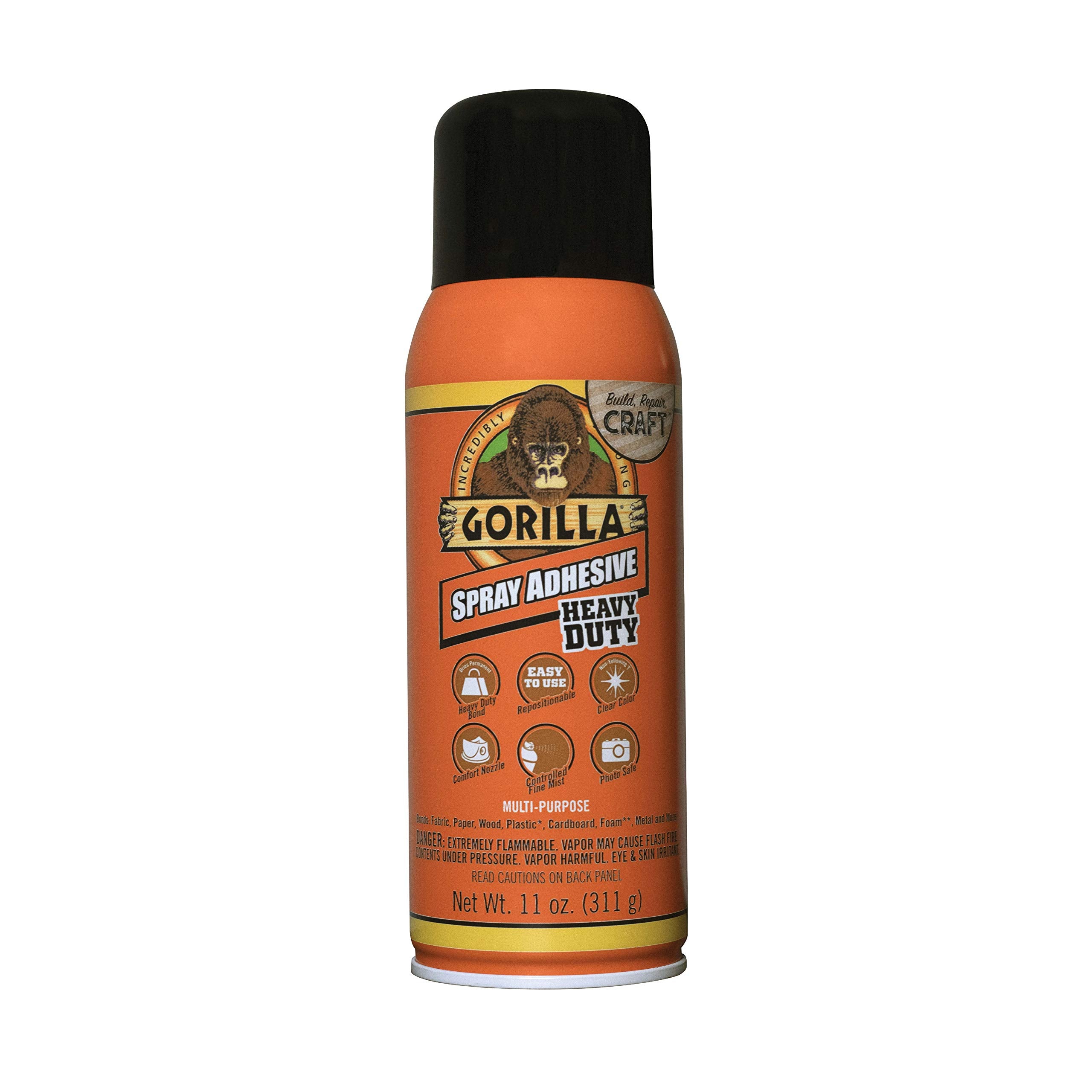 Gorilla Heavy Duty Spray Adhesive, Multipurpose And Repositionable, 11 Ounce, Clear (Pack Of 4)