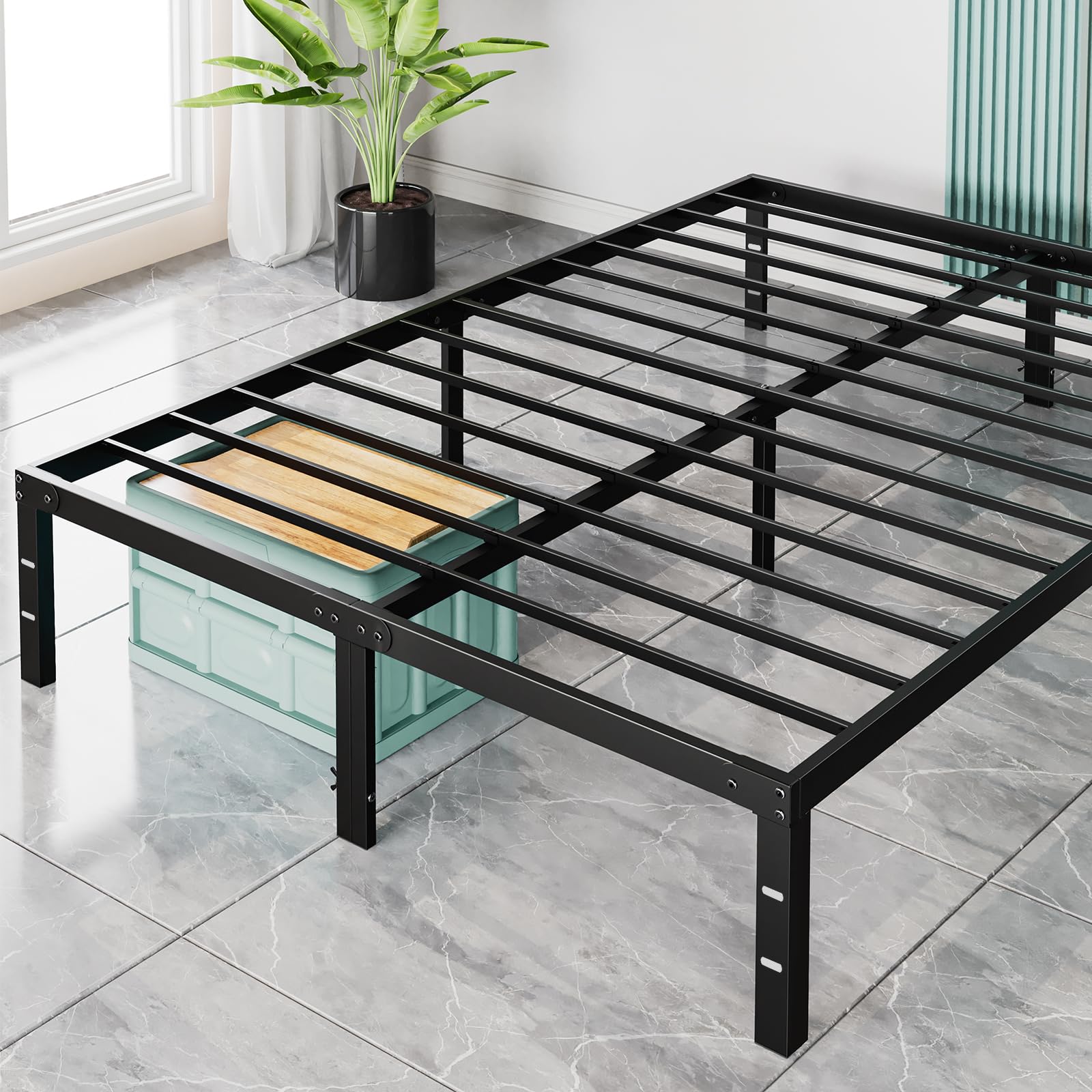Sweetcrispy King Bed Frame - Heavy Duty No Box Spring Needed Metal Platform Bedroom Frames with Storage Space, 14 Inches High, S