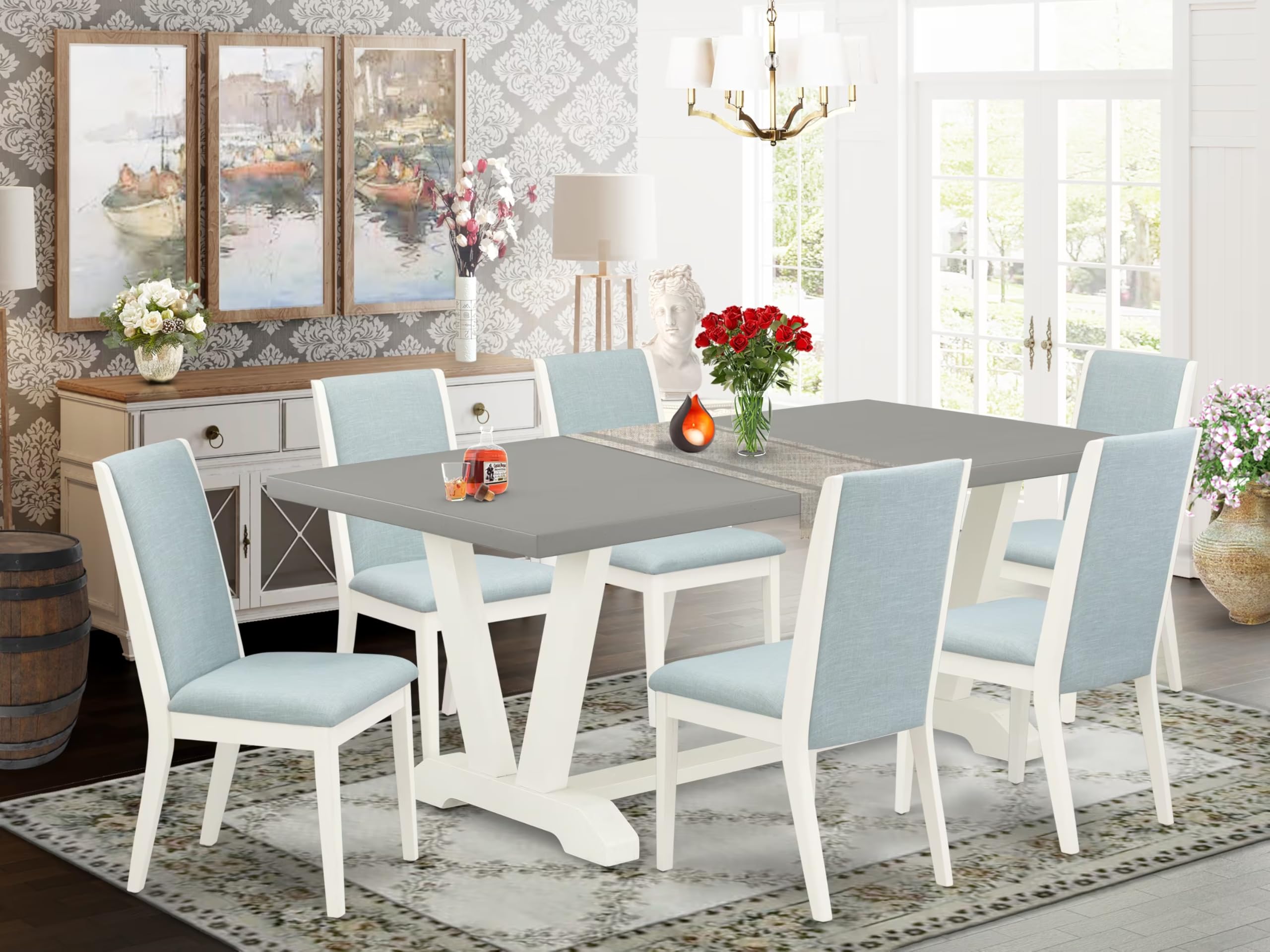 East West Furniture V097La015-7 7 Piece Dinette Set Consist Of A Rectangle Dining Table With V-Legs And 6 Baby Blue Linen Fabric Parson Dining Room Chairs, 40X72 Inch, Multi-Color