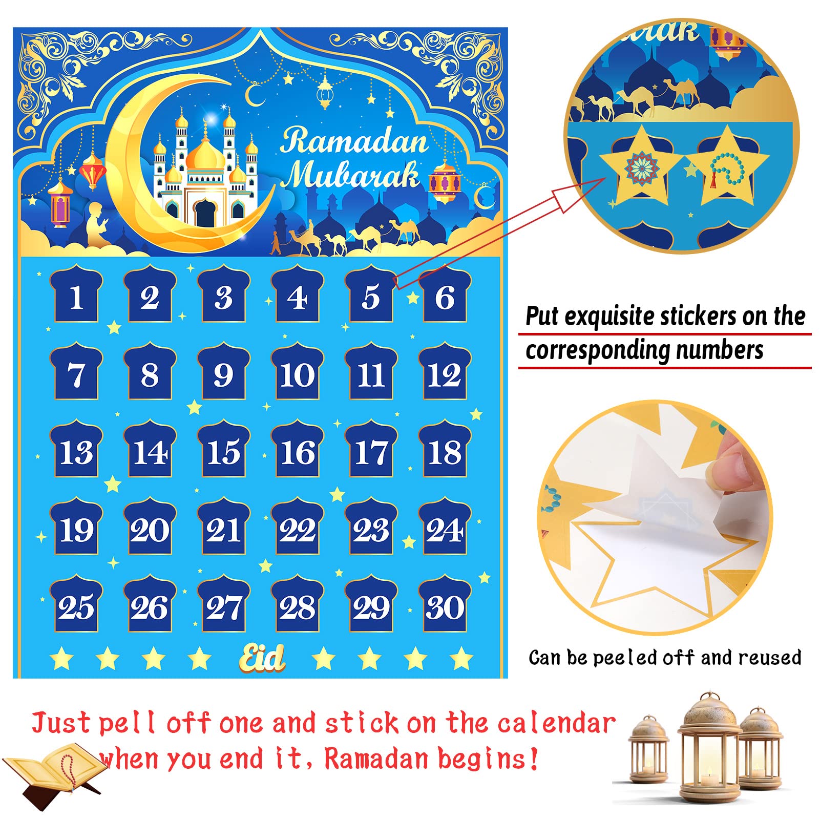 Howaf Ramadan Calendar, Eid Mubarak Calendar Countdown 2024 For Eid Party Supplies, Ramadan Advent Calendar Poster With 30 Count