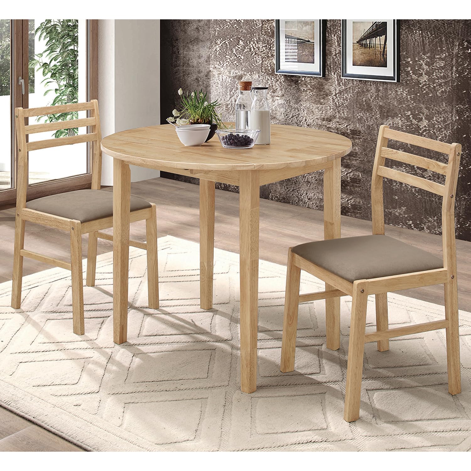 Coaster Home Furnishings 3-Piece Round Wood Dining Room Set Drop Leaf Extension Table Ladder Back Side Chairs Upholstered Seat Cushions Beige and Natural 130006
