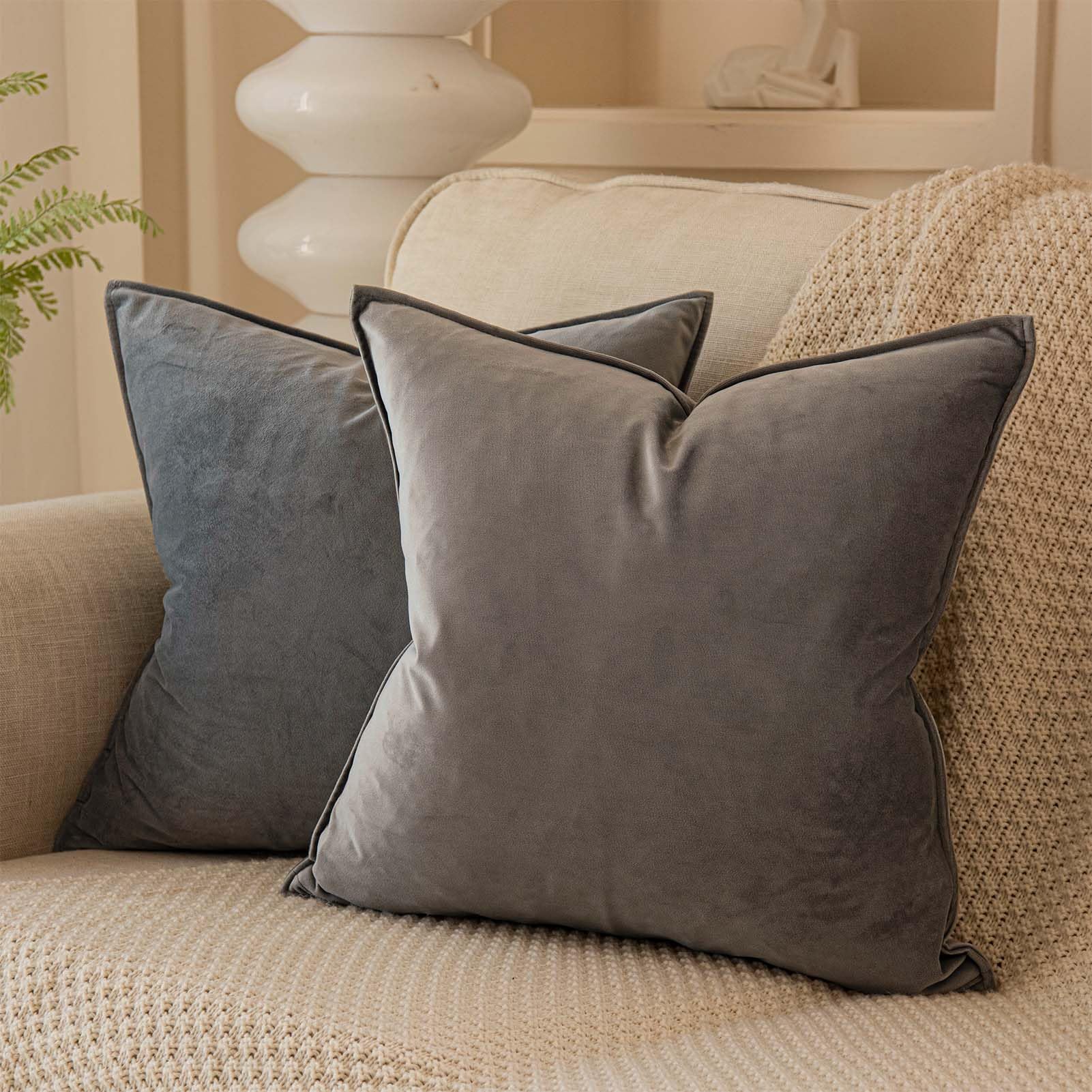 Juspurbet Grey Decorative Velvet Throw Pillow Covers 14X14 Inch Set Of 2,Broadside Soft Cushion Case With Invisible Zipper For S