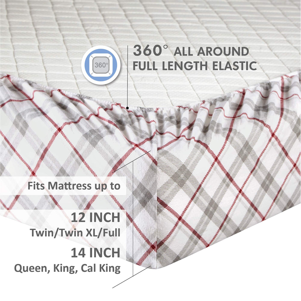 Comfort Spaces Cotton Flannel Breathable Warm Deep Pocket Sheets With Pillow Case Bedding, Queen, Grey/Red Plaid 4 Piece