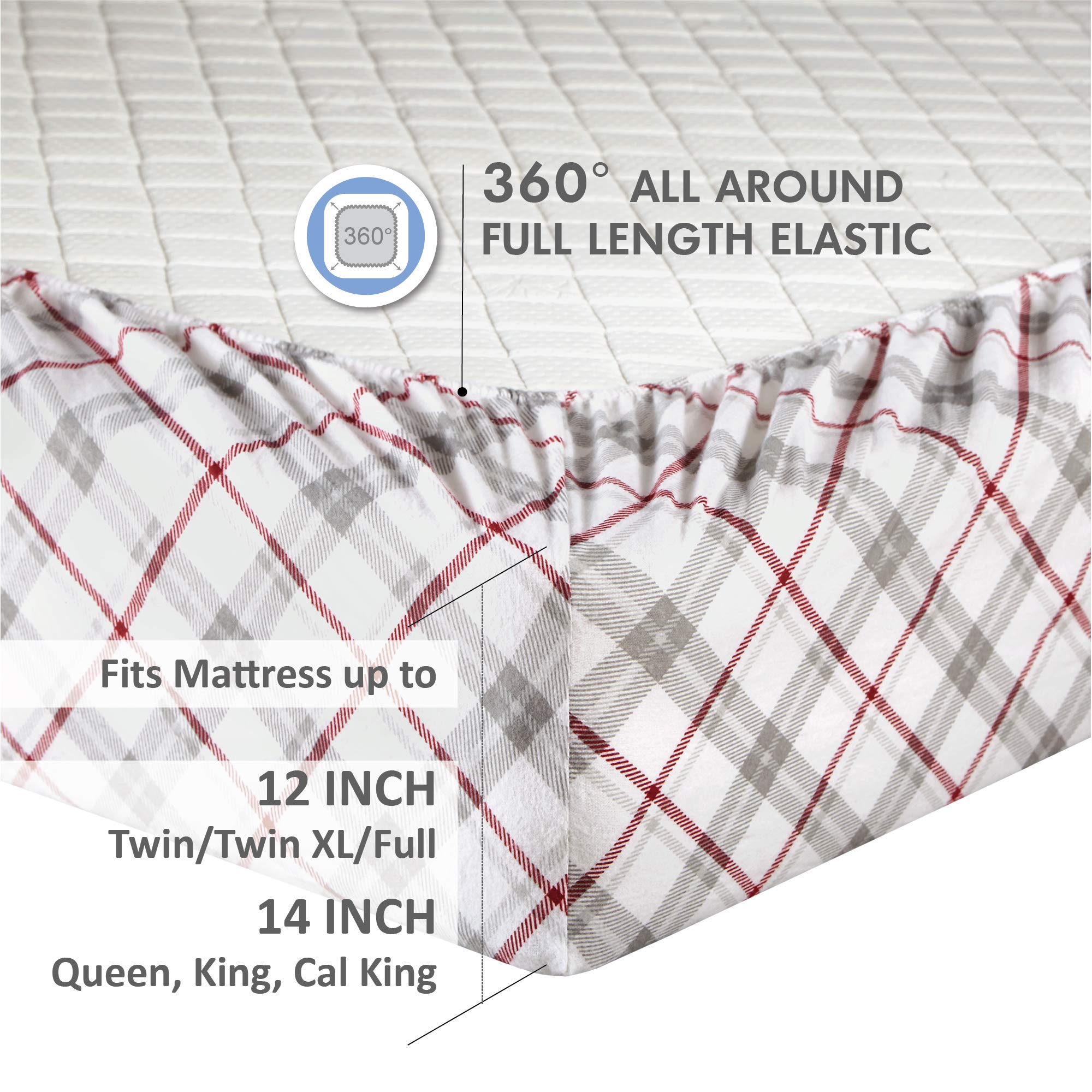 Comfort Spaces Cotton Flannel Breathable Warm Deep Pocket Sheets With Pillow Case Bedding, Queen, Grey/Red Plaid 4 Piece