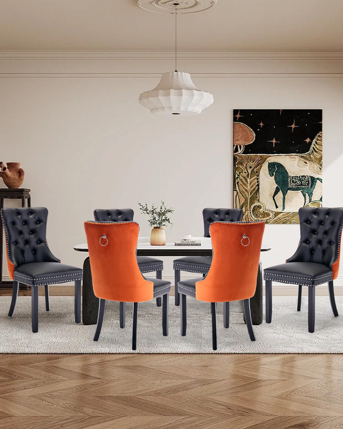 Vicbarley Leather Dining Chair Set Of 6 Upholstered Tufted Dining Room Chair With Nailhead Trim And Solid Wood Legs For Kitchen,