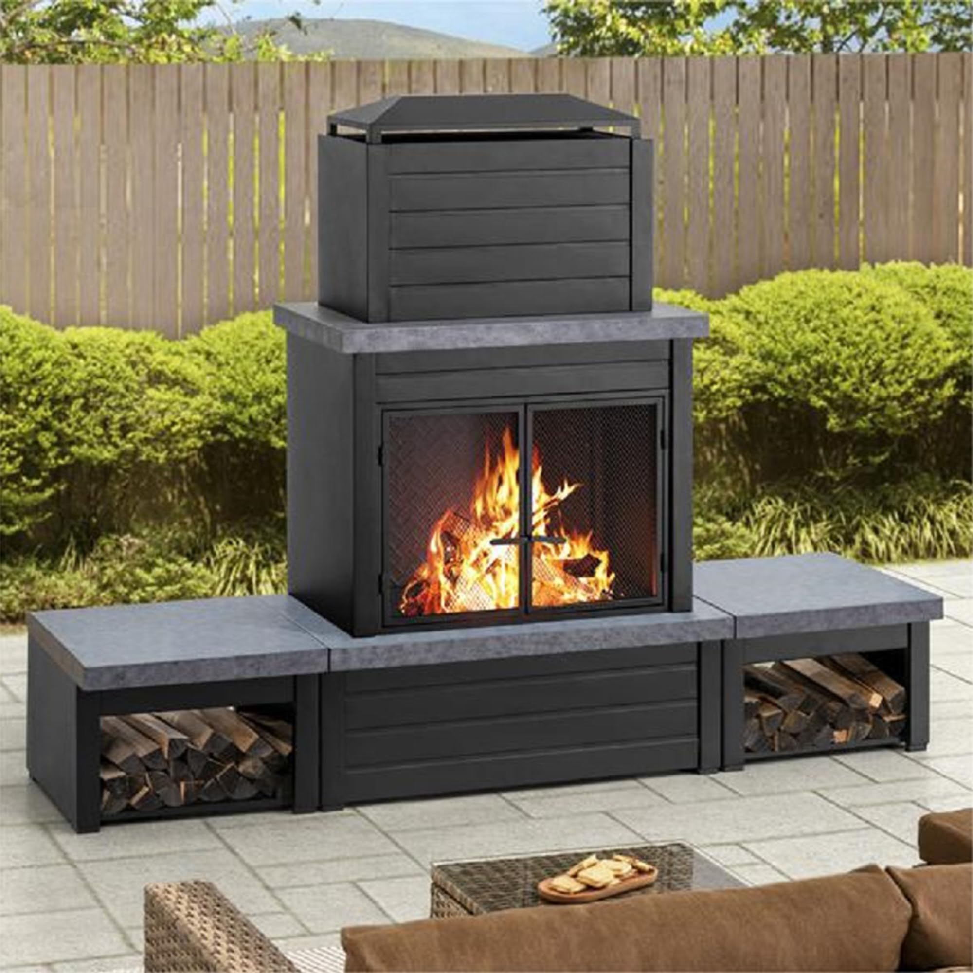 Wood Burning Fireplace   Outdoor Steel Fireplace with Chimney, Log Holders