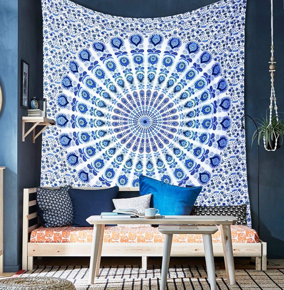 GLOBUS CHOICE INC. Blue Cotton Intricate Floral Designs Indian Traditional Queen Hippie Mandala Picnic Bohemian Boho Tapestry Be