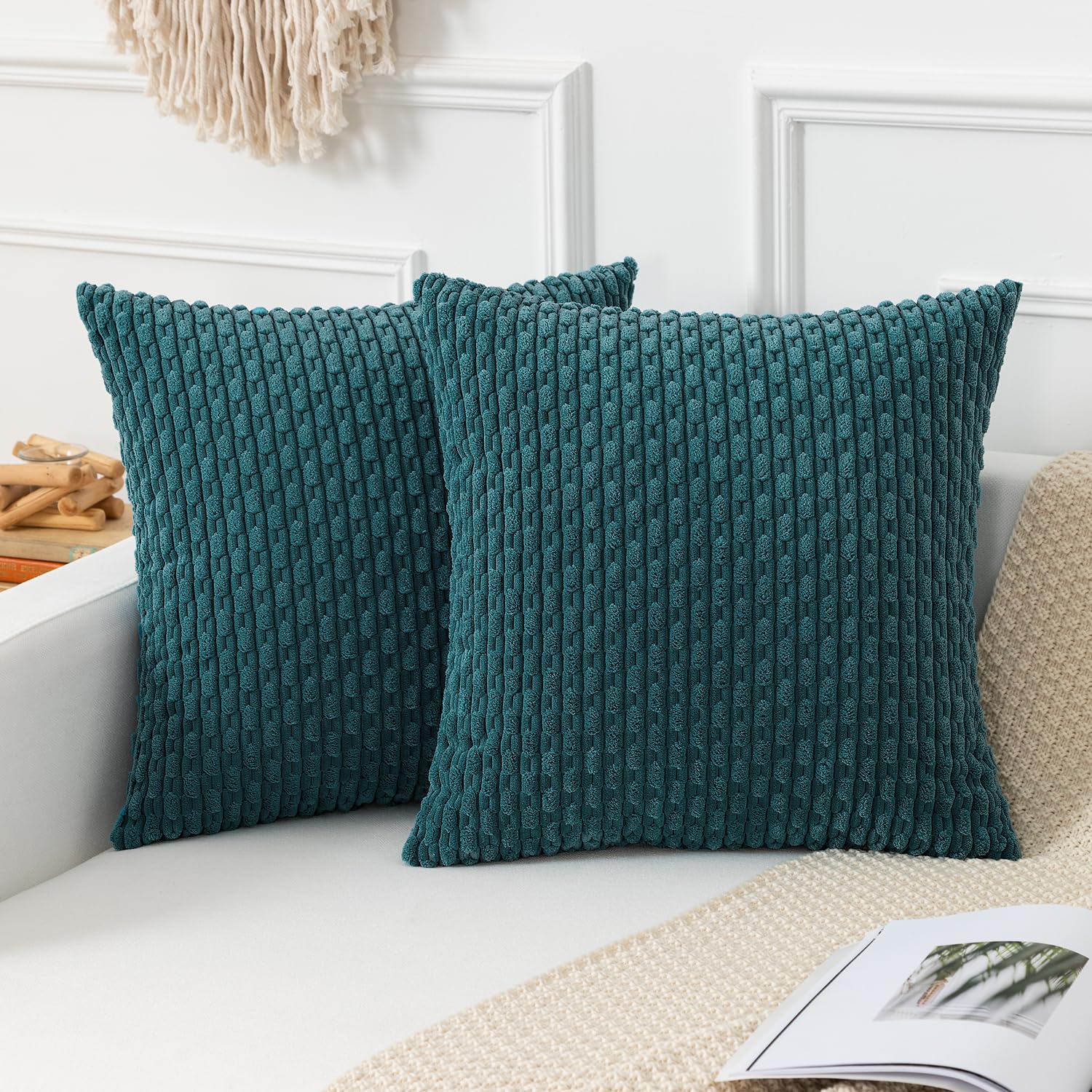 Kevin Textile Throw Pillow Covers Soft Corduroy Decorative Set Of 2 Boho Striped Pillow Covers Pillowcases Farmhouse Home Decor For Couch Bed Sofa Living Room 18X18 Inch Teal Blue