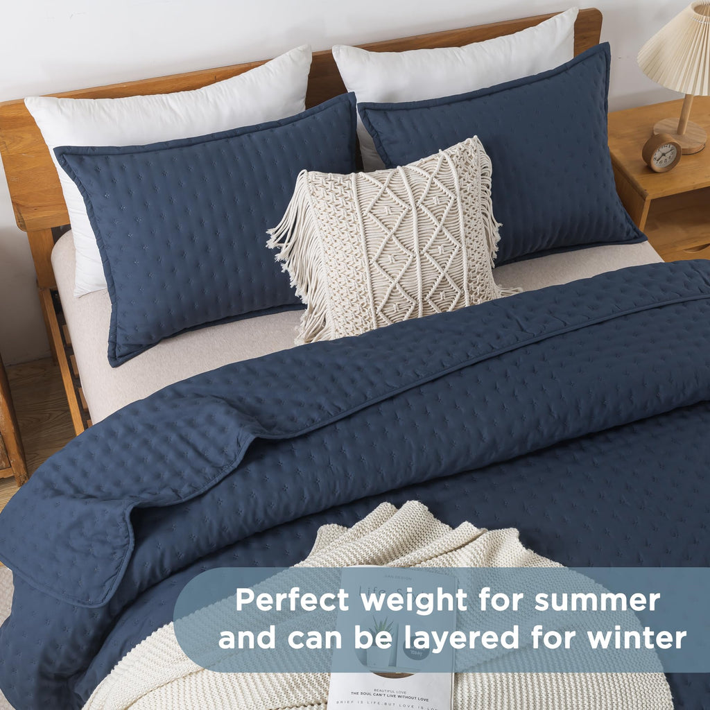 Andency Navy Blue Queen Size Quilt Bedding Set (90X96 Inch), 3 Pieces Soft Lightweight Bedspread Coverlet, Boho Summer Quilt Que