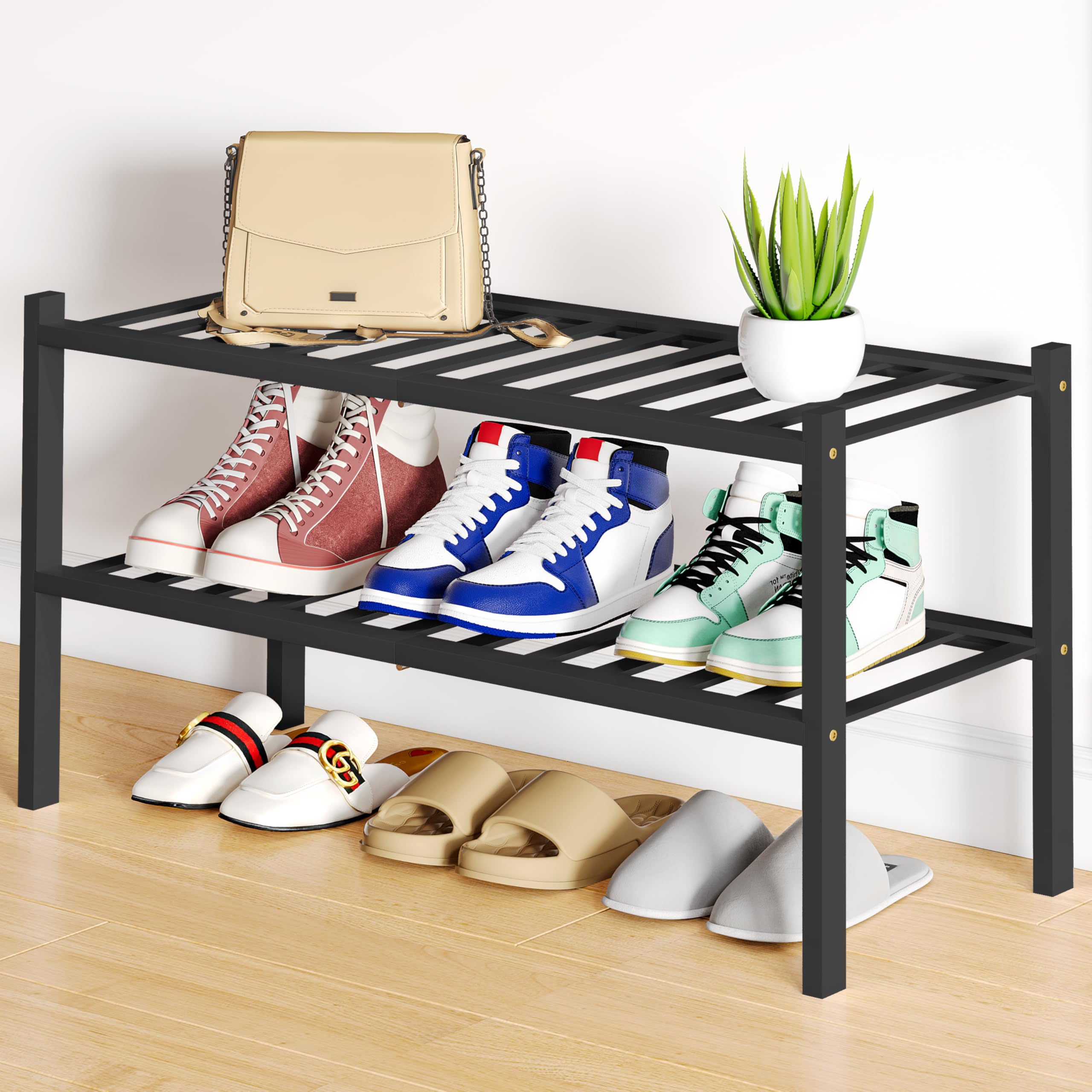 Smiry Shoe Rack, 2 Tier Bamboo Shoe Organizer, Stackable Free Standing Wooden Shoe Storage Shelf for Closet, Entryway, Front Doo