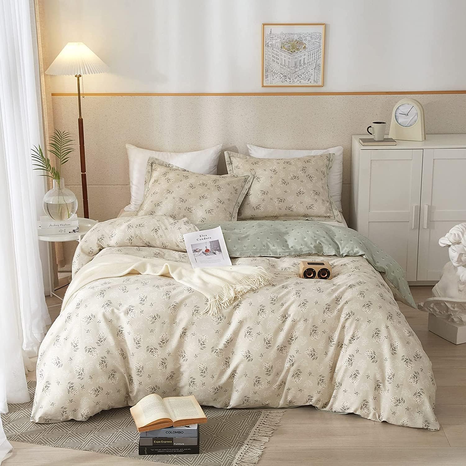Lifetb Boho Floral Duvet Cover Full Cotton Aesthetic Floral Bedding Sets Full Vintage Garden Floral Comforter Cover Beige Sage G