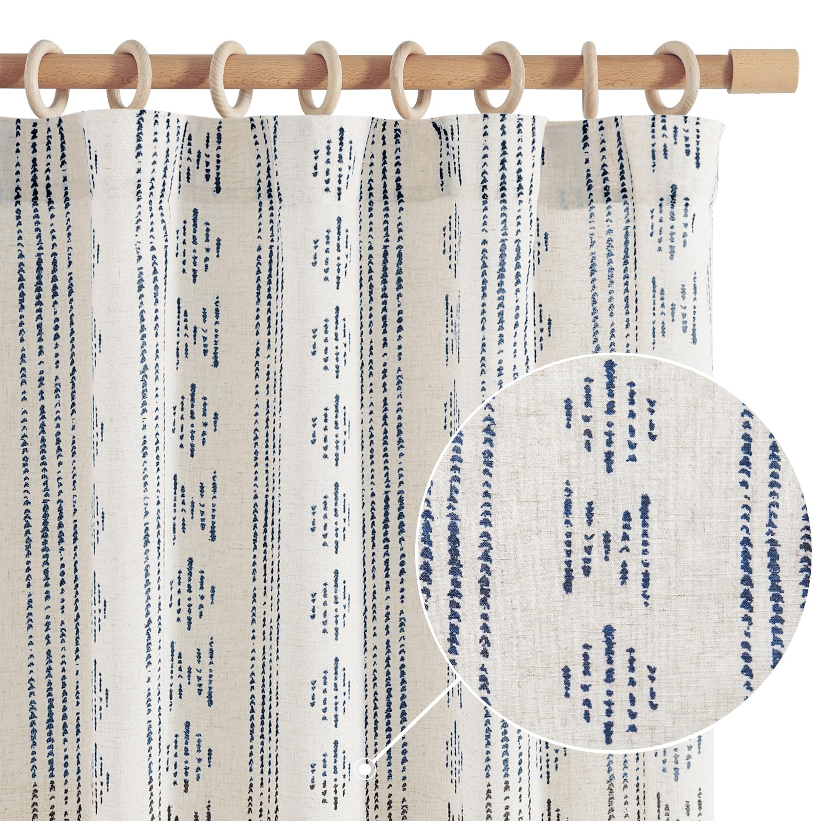 Jinchan Boho Curtains Linen Curtains For Living Room Farmhouse Blue Curtains 108 Inches Long 2 Panels For Bedroom Geometric Stri