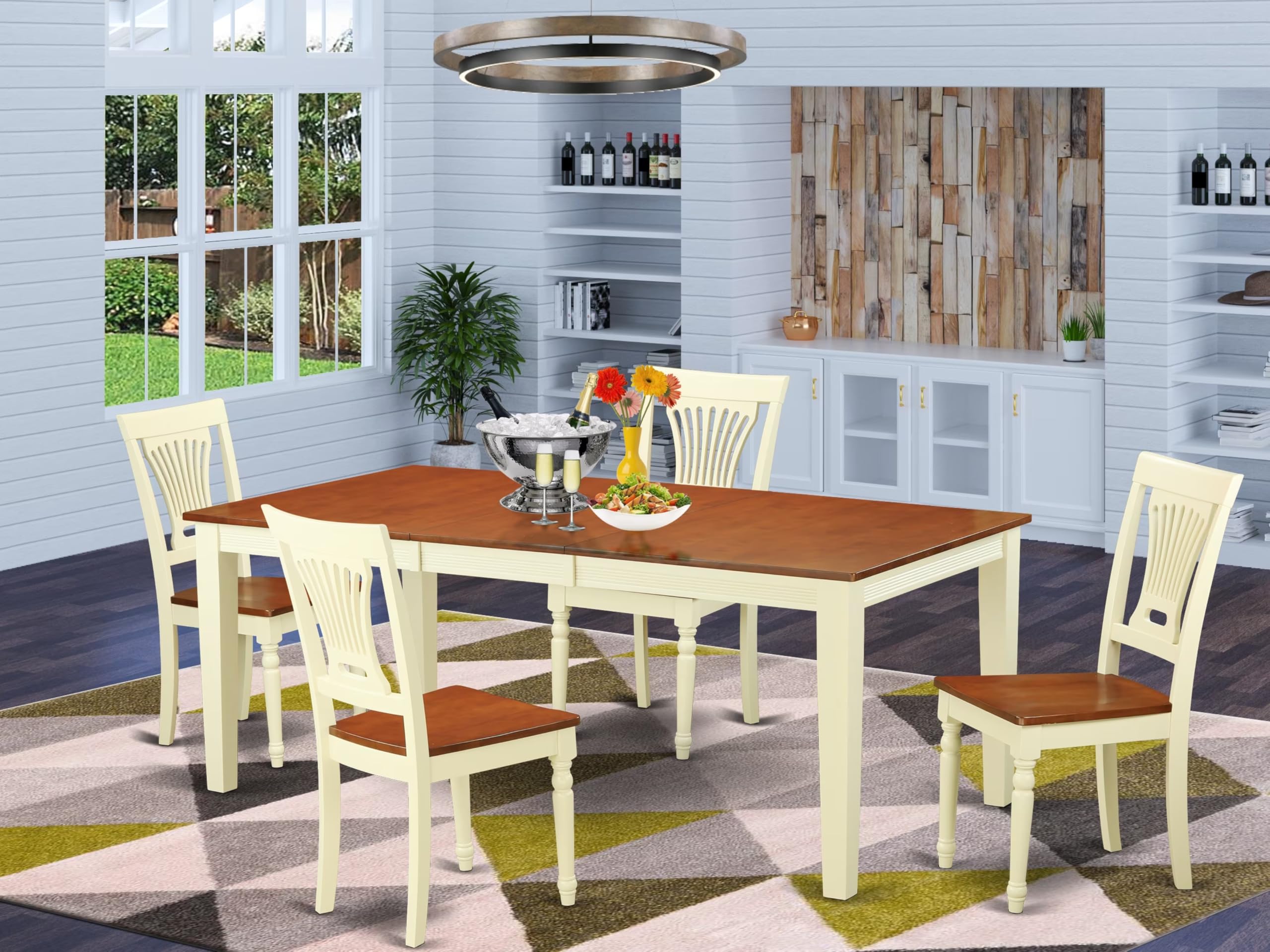 East West Furniture QUPL5-WHI-W 5 Piece Modern Dining Table Set Includes a Rectangle Wooden Table with Butterfly Leaf and 4 Dining Chairs, 40x78 Inch, Buttermilk & Cherry