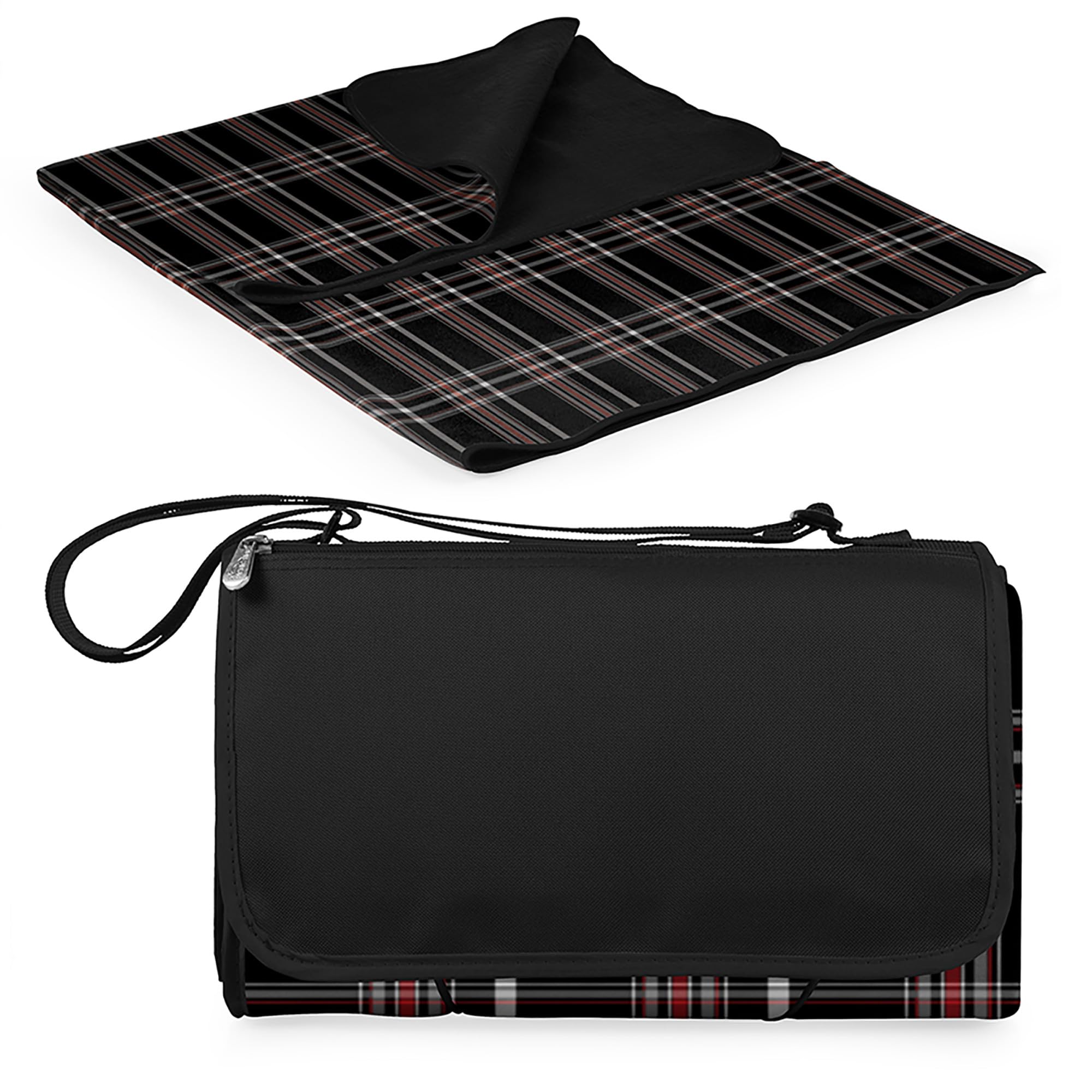 Oniva - A Picnic Time Brand - Tote Xl Outdoor Picnic , Beach, Camping Blanket, (Black Tartan Pattern With Black Flap)