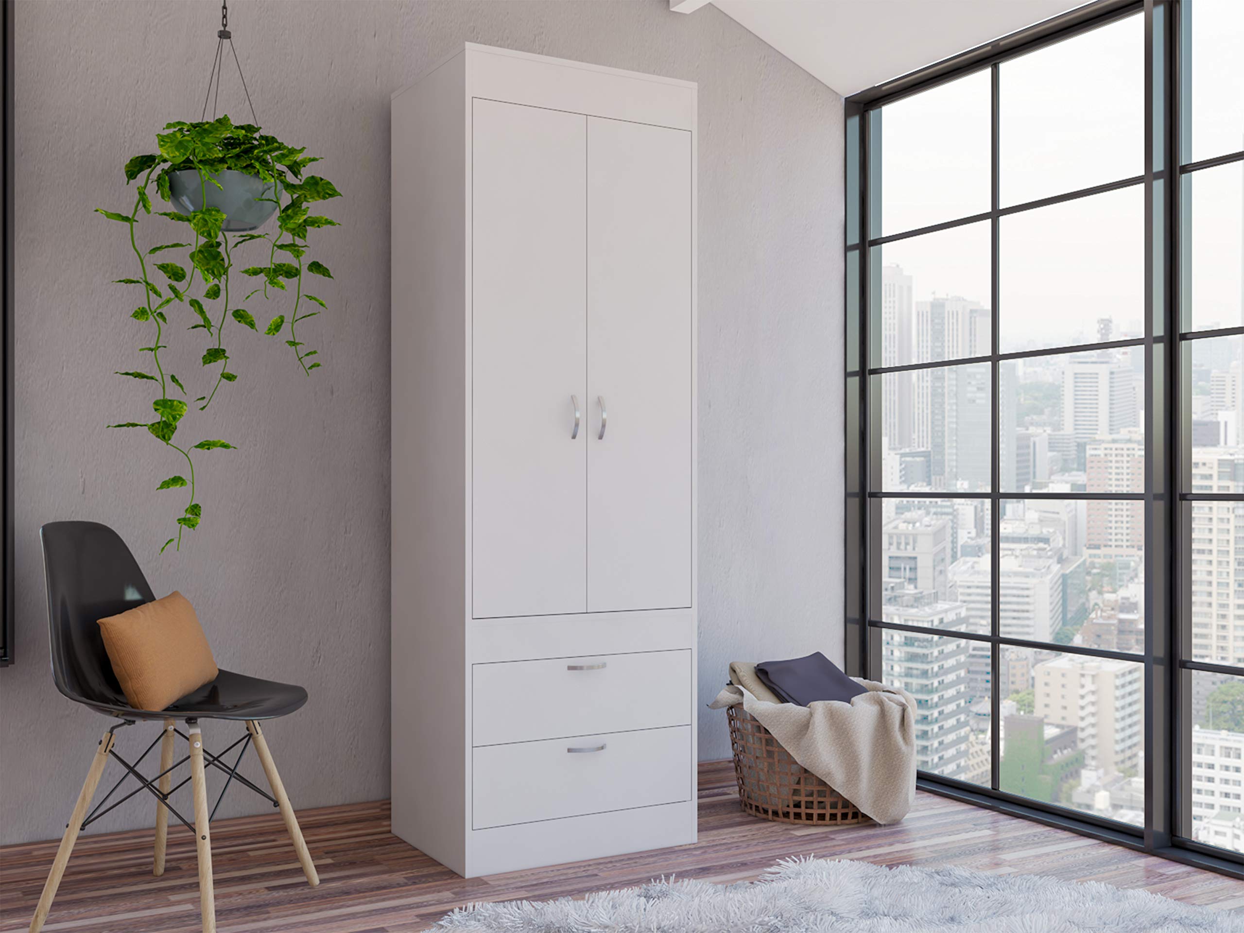 DEPOT E-SHOP Portugal Armoire with Double Door Cabinet, Two Drawers, Metal Handles, Rod, 70&quot; H, White, Bedroom