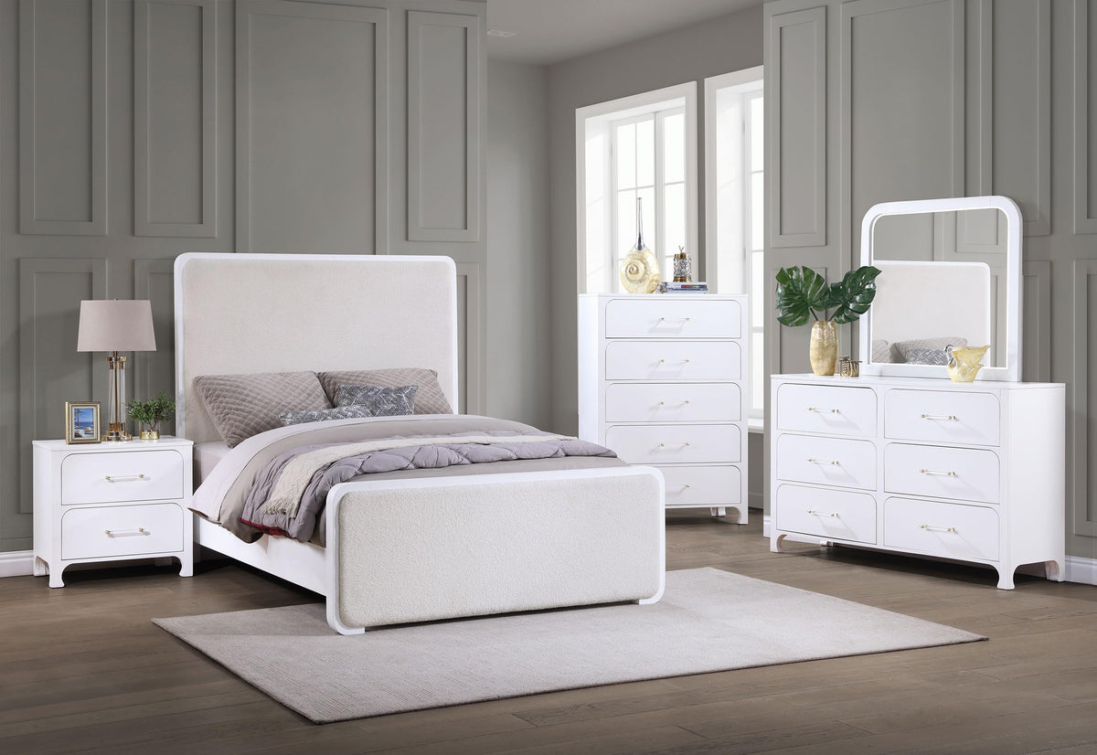 Coaster Home Furnishings Anastasia Contemporary 5-Piece Bedroom Set Boucle Upholstered California King Size Panel Bed Frame 64-inch Headboard Pearl White 224751KW-S5