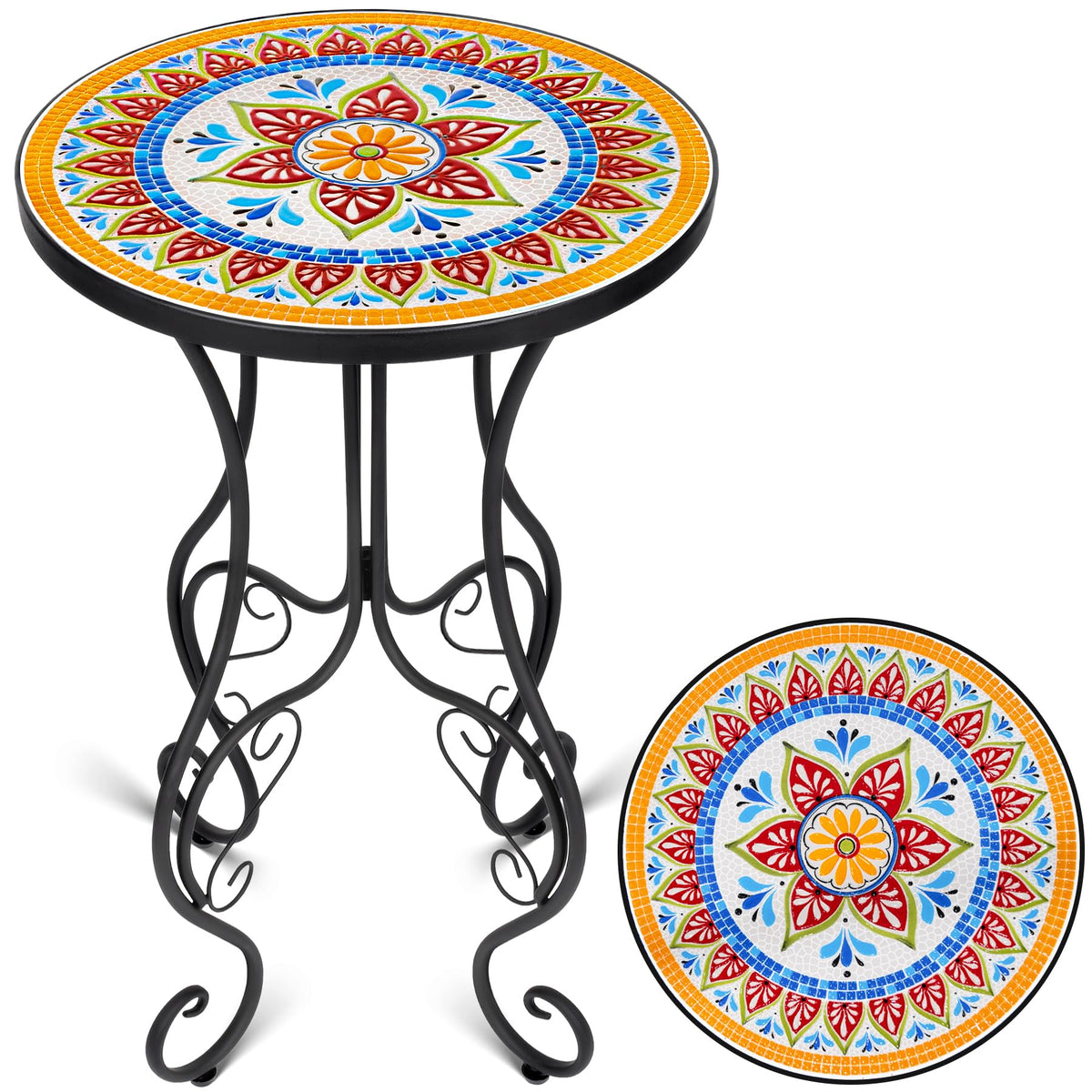 Frstem Mosaic Patio Table And Plant Stand, Outdoor Side Table For Patio With 14'' Ceramic Tile Top, Metal Round End Table Accent