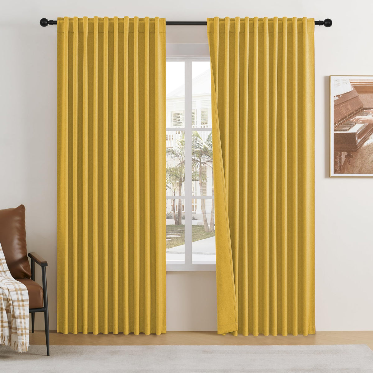 Dualife Gold Yellow Blackout Curtains 96 Inches Long For Living Room 2 Panels Set Boho Back Tab Hook Pleated Darkening Thermal L