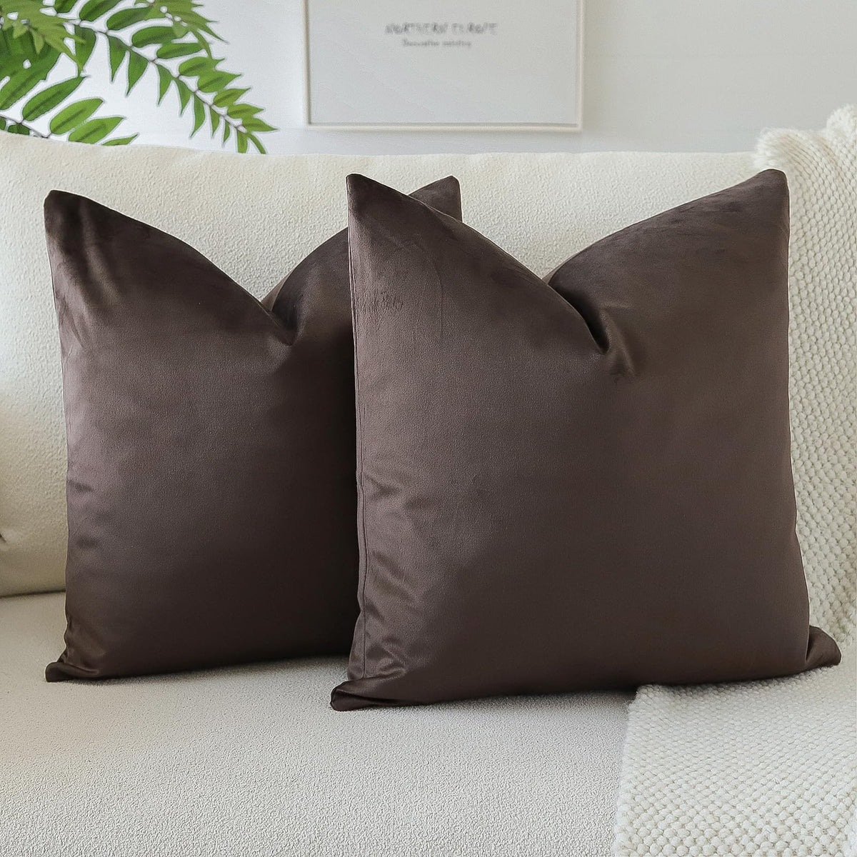 Otostar Decorative Throw Pillow Covers 16 X 16 Inch Soft Velvet Cushion Covers Solid Square Throw Pillow Cases For Couch Bed Home Sofa Car Decor Set Of 2 (Chocolate Brown)