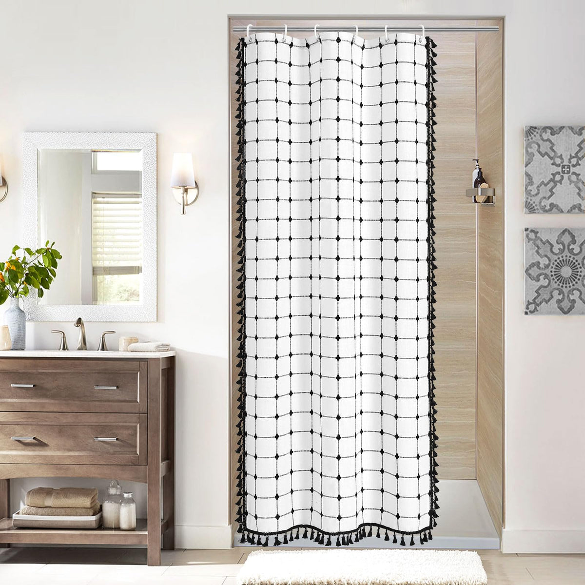 MitoVilla 36 x 72 Small Stall Boho Shower Curtain Set, White Black Narrow Cotton Linen Fabric Shower Curtains for Farmhouse Bath