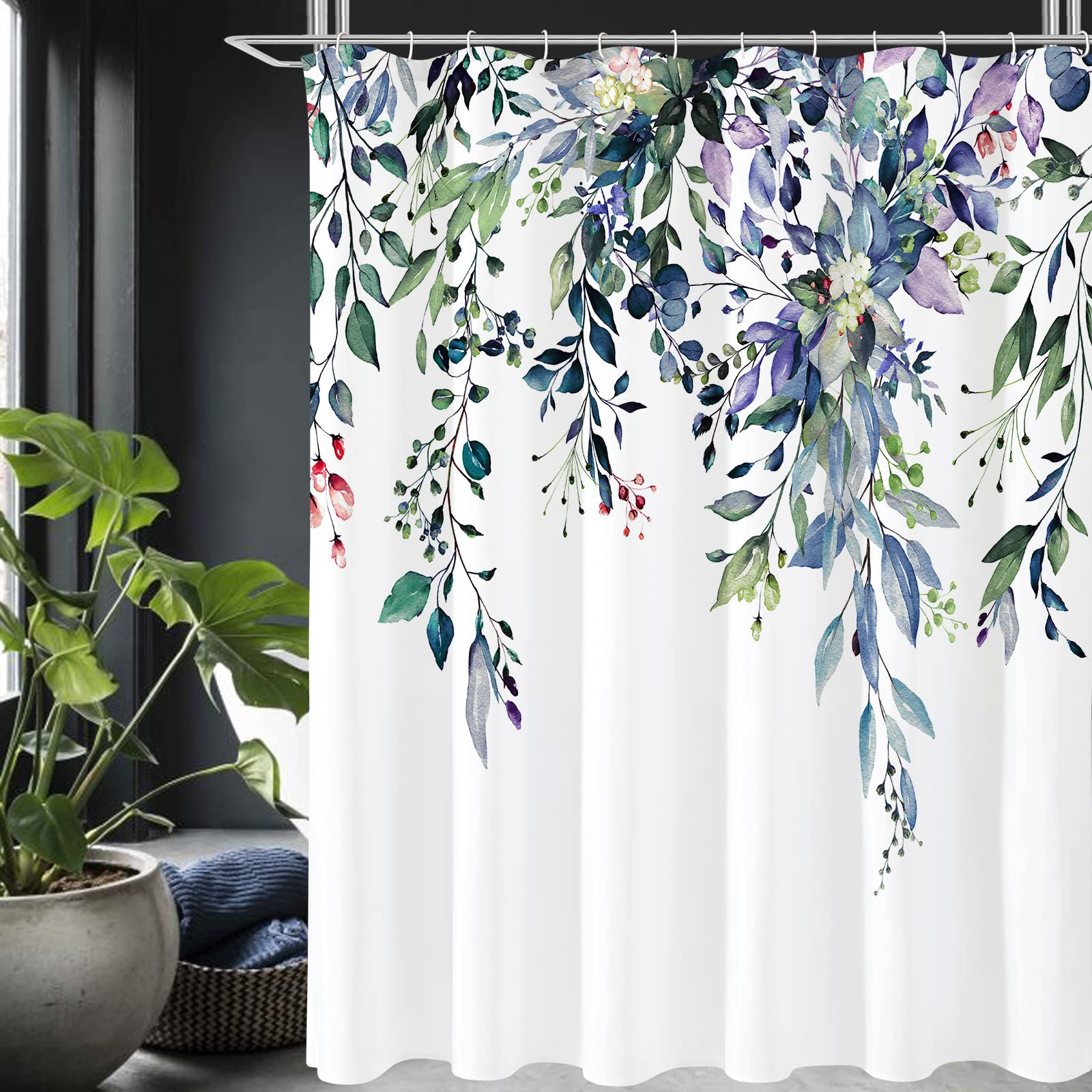 Gibelle Spring Floral Shower Curtain for Bathroom, Watercolor Green Eucalyptus Leaves Plant Shower Curtain Set with Hooks, Washa
