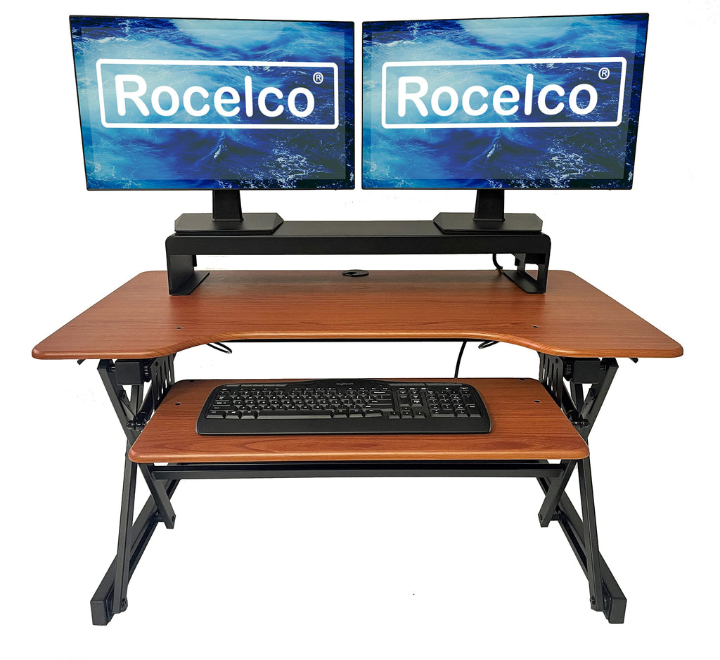 Rocelco 40" Large Height Adjustable Standing Desk Converter with Dual Monitor Stand BUNDLE - Quick Sit Stand Up Computer Workstation Riser - Retractable Keyboard Tray - Teak (R DADRT-40-DMS)