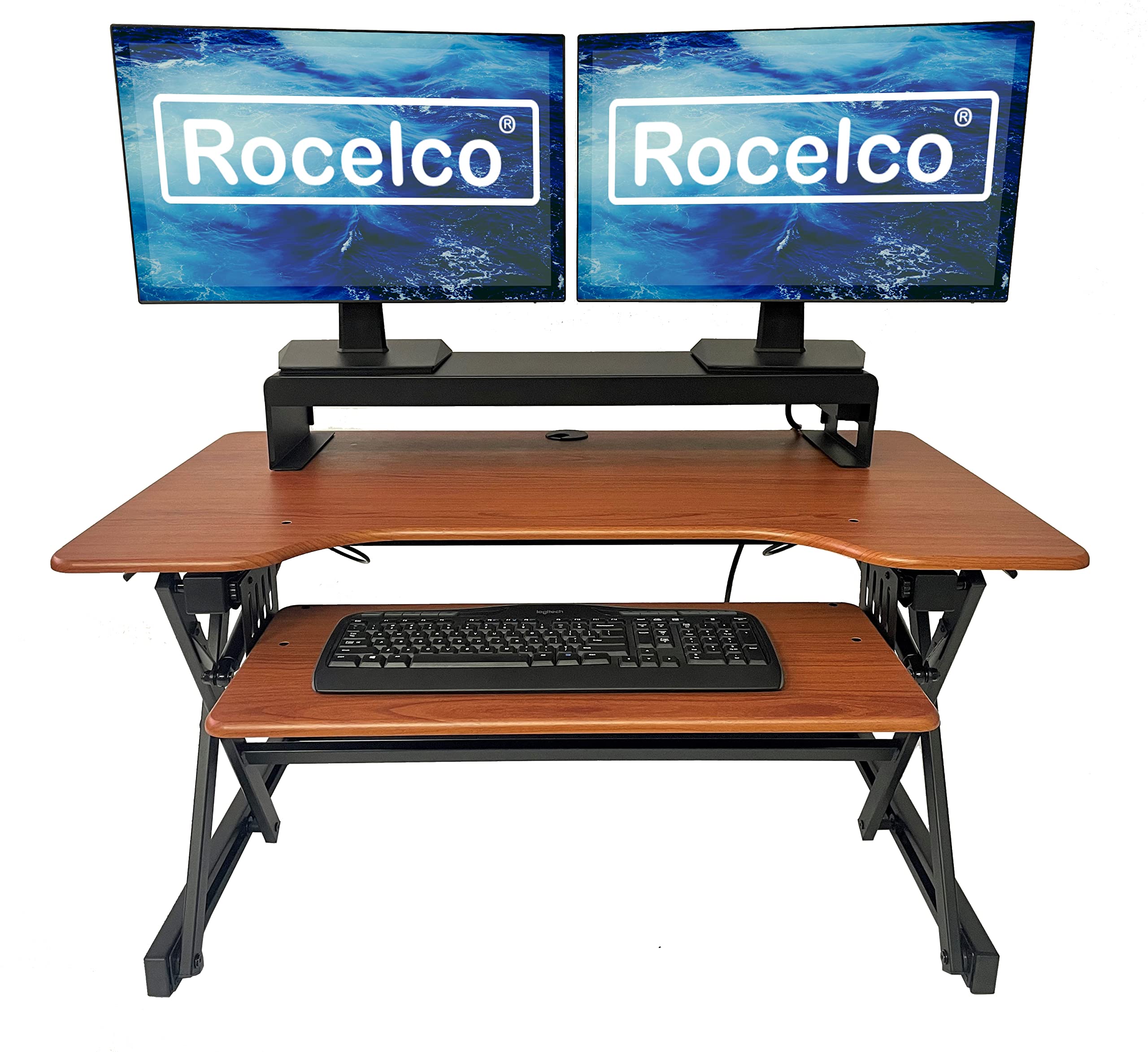 Rocelco 40" Large Height Adjustable Standing Desk Converter with Dual Monitor Stand BUNDLE - Quick Sit Stand Up Computer Workstation Riser - Retractable Keyboard Tray - Teak (R DADRT-40-DMS)