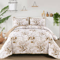 Aninbedding Floral King Quilt Set,Brown Botanical Bedspread Coverlet Set with 2 Pillowcases,Lightweight Soft Micorfiber Bedding 