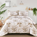 Aninbedding Floral King Quilt Set,Brown Botanical Bedspread Coverlet Set with 2 Pillowcases,Lightweight Soft Micorfiber Bedding 