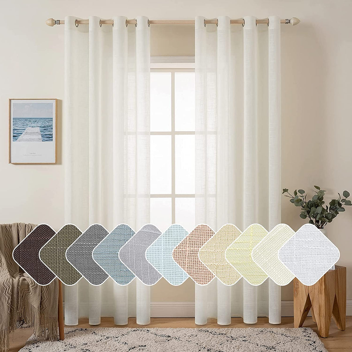 Miulee 2 Panels Natural Linen Long Semi Sheer Window Curtains Elegant Solid Ivory Drapes Grommet Top Window Voile Panels Linen T