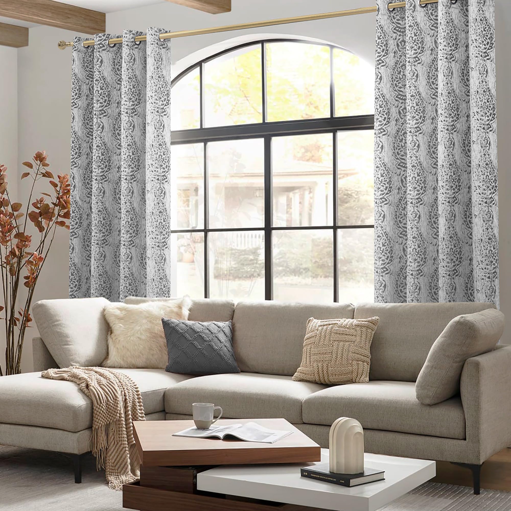 Mrs.Naturall Grey Pattern Curtains 63 Inch Length For Bedroom 2 Panels 50% Blackout Beautiful Paisley Textured Decorative Curtains For Living Room