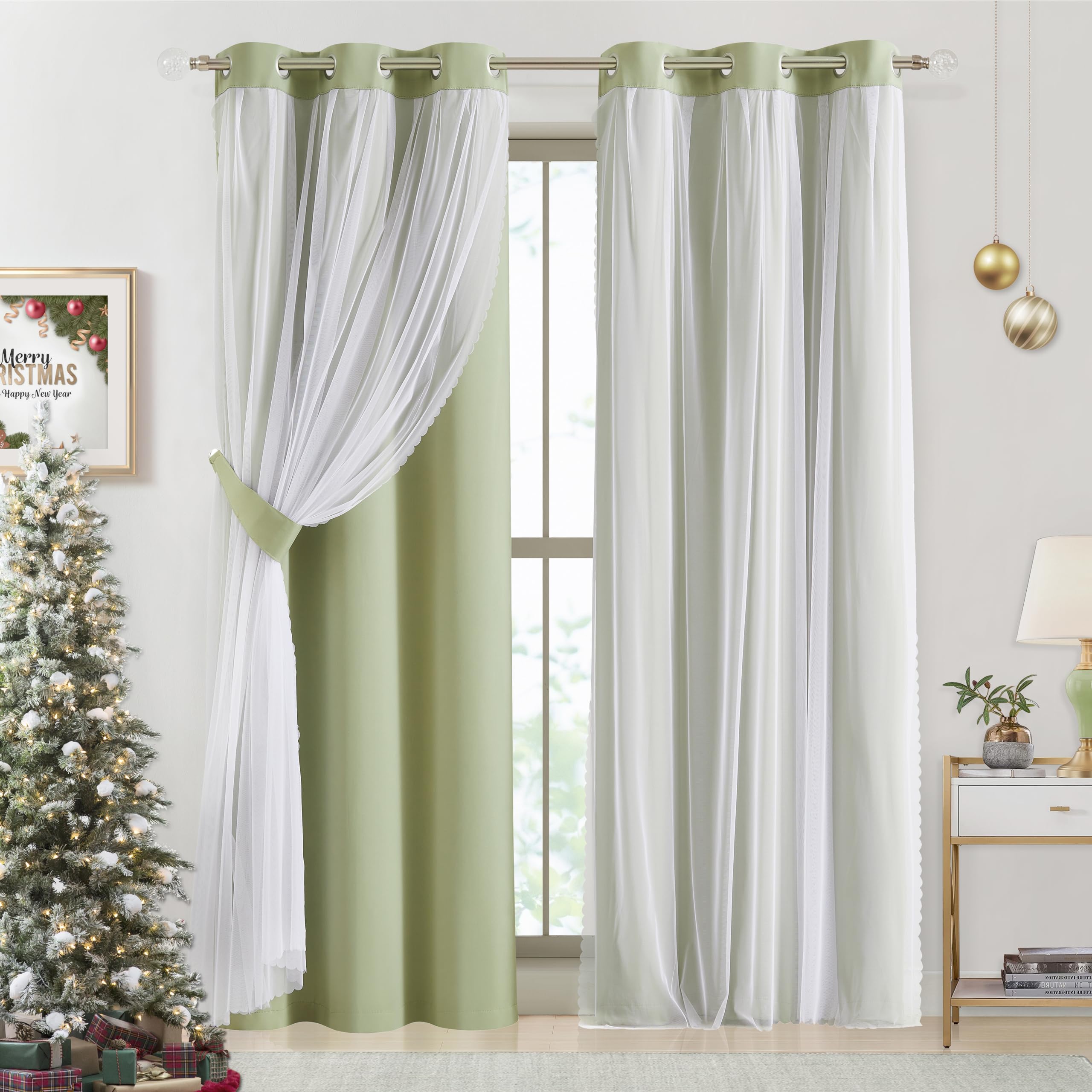 Bujasso Sage Green Blackout Curtains With Sheer Overlay Mix And Match Double Layer 90% Room Darkening Window Panels 95 Inch Livi