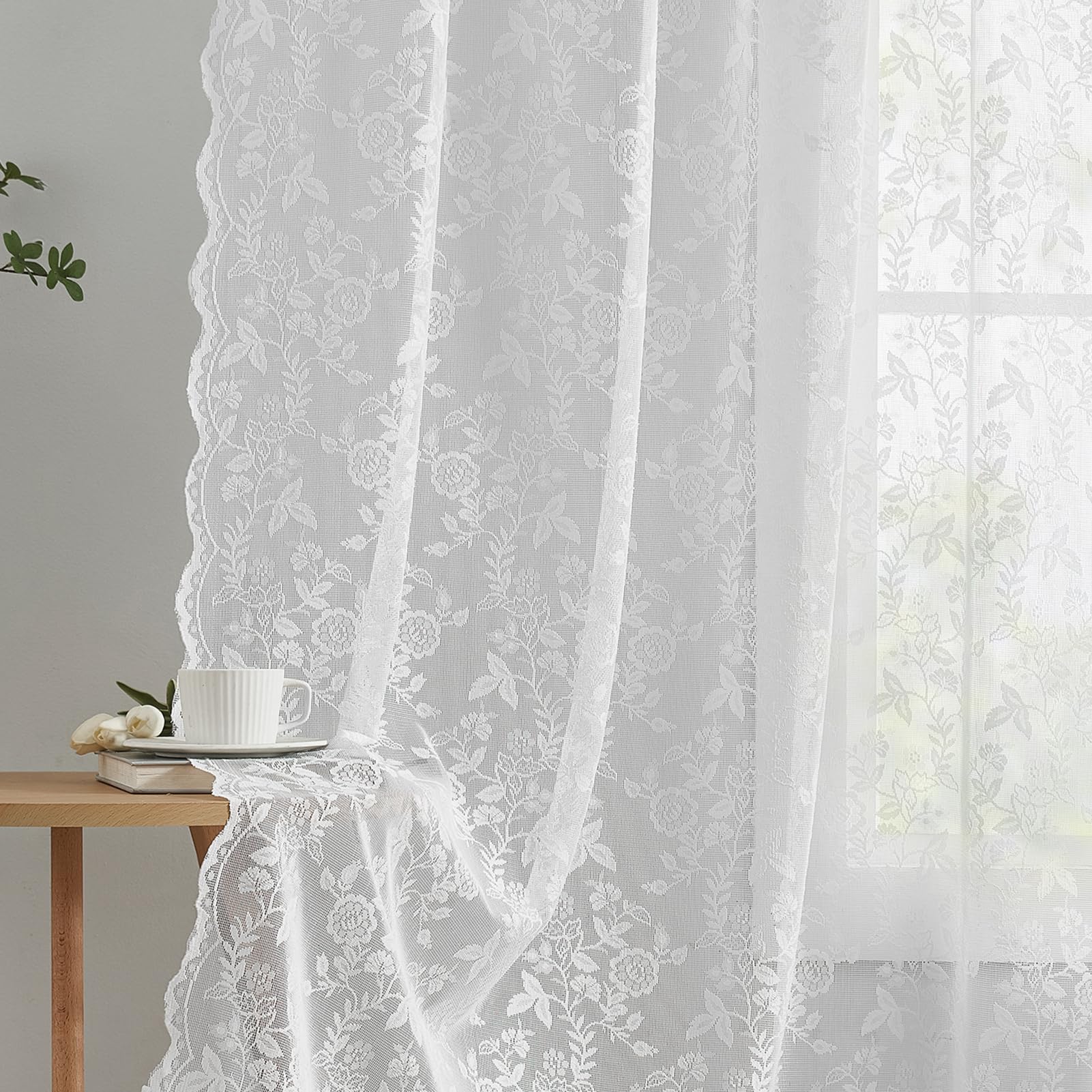 102 Inch Length White Lace Curtains 2 Panels Set Country Rustic Leaf Floral Knitted Vintage Lace Curtains for Living Room Bedroo