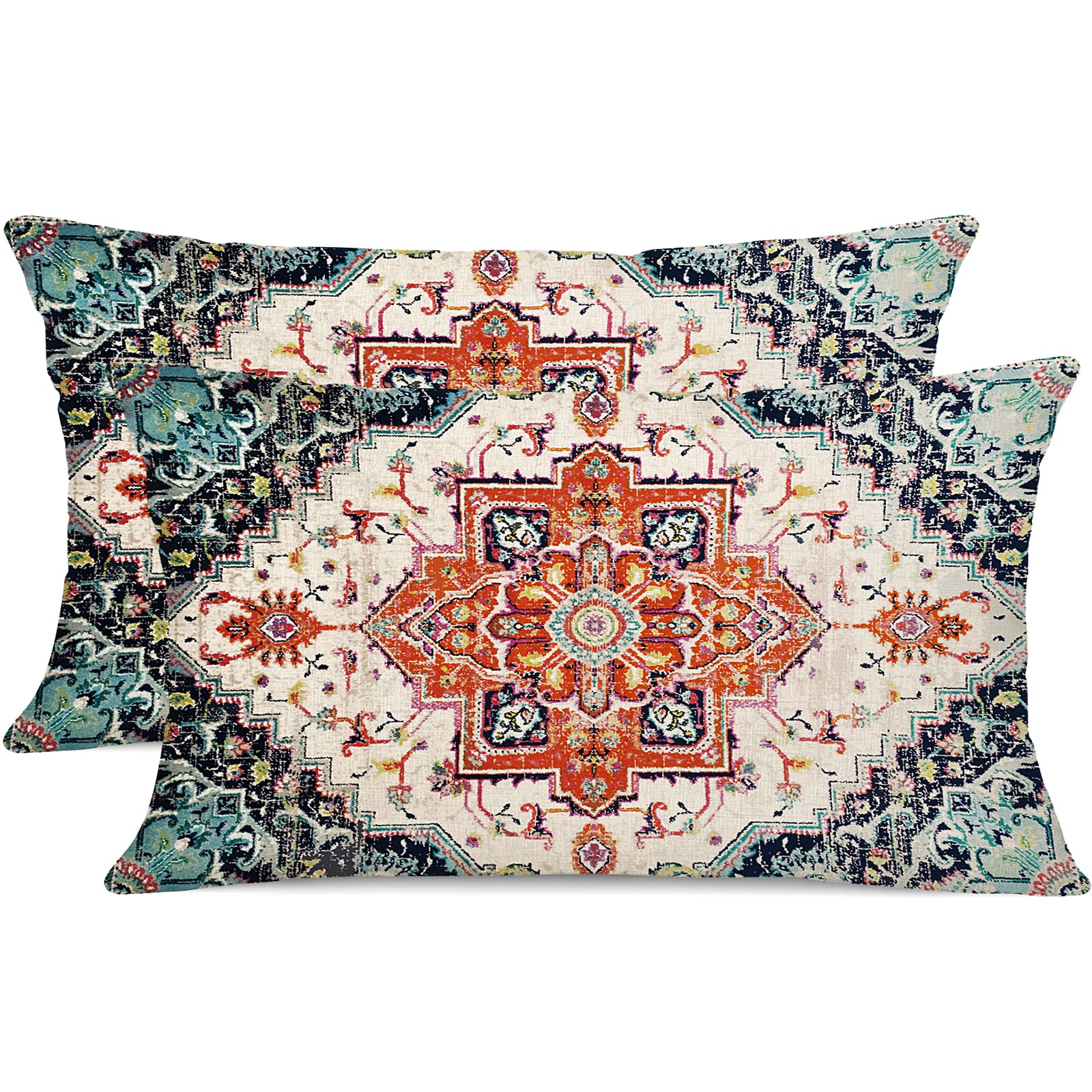 Gujiahone Outdoor Waterproof Pillow Covers 12 X 20 Inch Set Of 2 Orange Bohemian Vintage Carpet Pattern Pillow Covers Ethnic Des