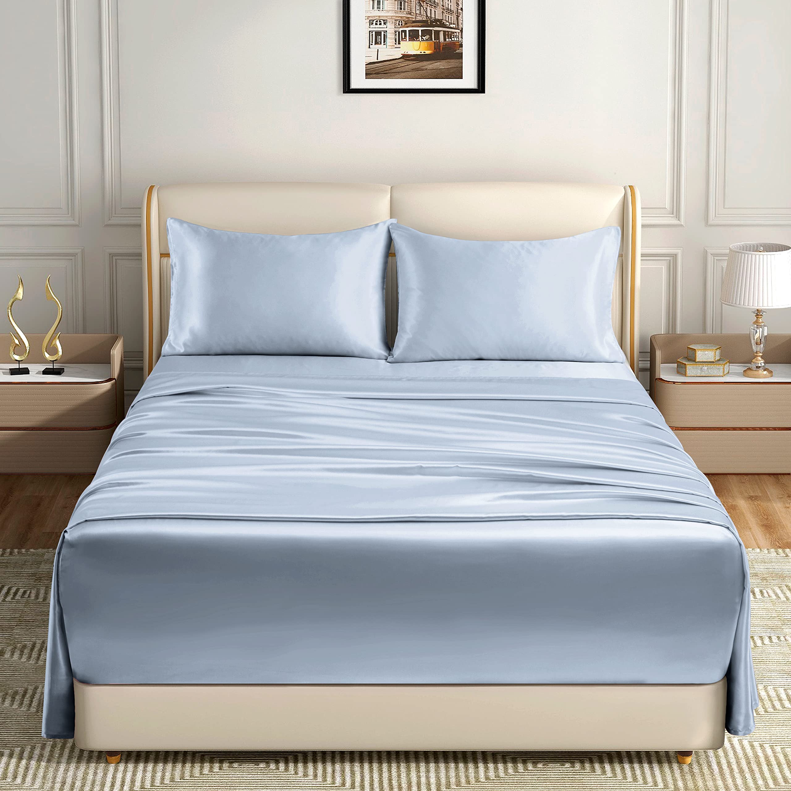 Homiest 4Pcs Extra Deep Pocket Satin Sheets Full Size Bed Set, 18-24 Inch Deep Pocket Bed Sheets Baby Blue Satin Sheet Set, Silky Satin Bedding Set Luxury Fitted Sheet Set Fits Ultra Deep Mattress