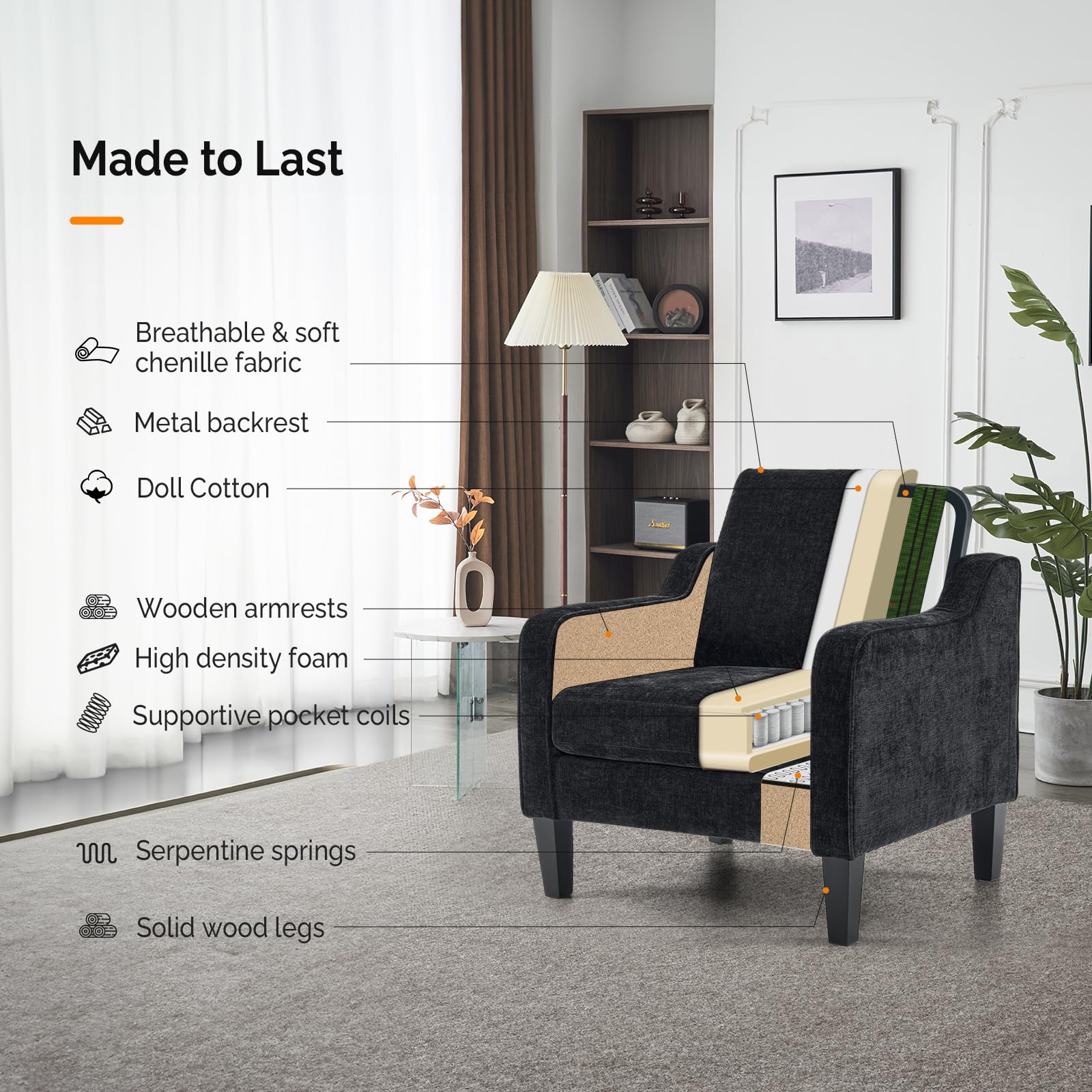 Vingli Living Room Chairs Set Of 2, Black Accent Chair 5.5' Thick Seat Cushion Comfy Chair Soft Chenille Side Chair Upholstered Arm Chair For Bedroom, Play Room, Apartment, Office (Black)