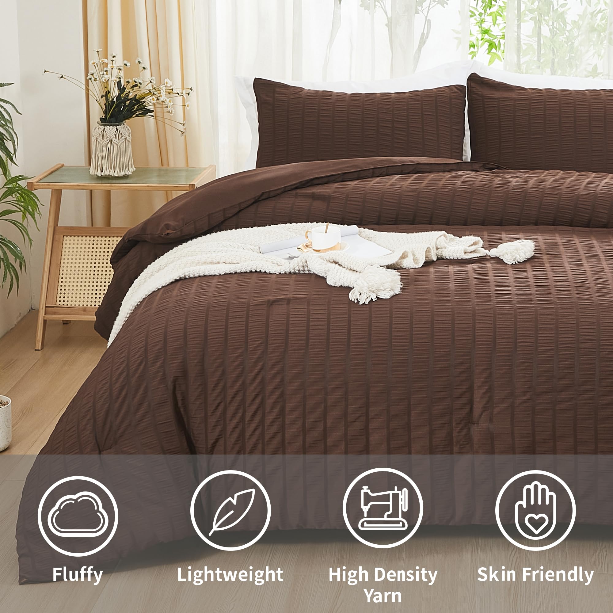 Avelom Brown Seersucker King Comforter Set (104X90 Inches), 3 Pieces-100% Soft Washed Microfiber Lightweight Comforter With 2 Pillowcases, All Season Down Alternative Comforter Set For Bedding