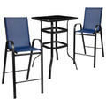 Flash Furniture Brazos Bar Table Set - 3 Piece Glass Brazos Bar Table with 2 Navy Patio Bar Stools - Brazos Outdoor Chairs